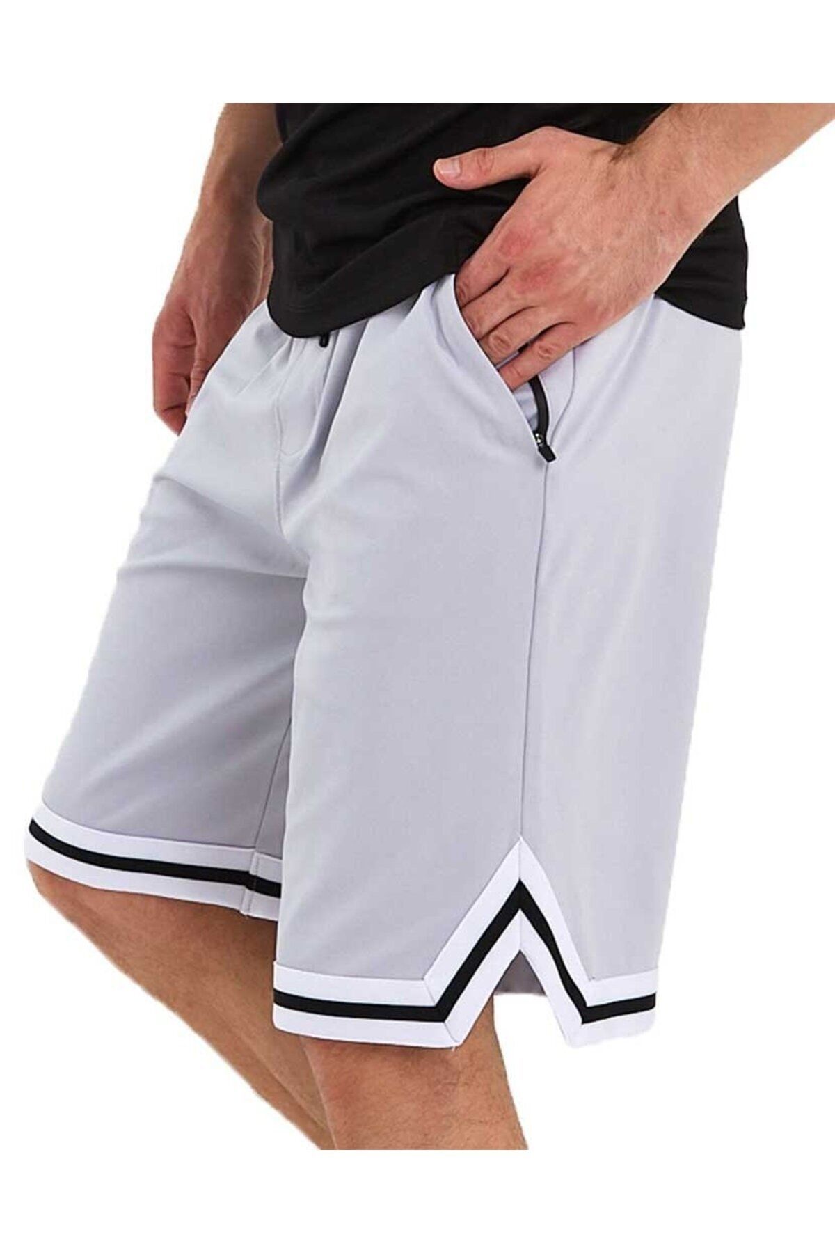 Adams-Pantaloni scurți de baschet cu dungi albe din poliester pentru bărbați 4