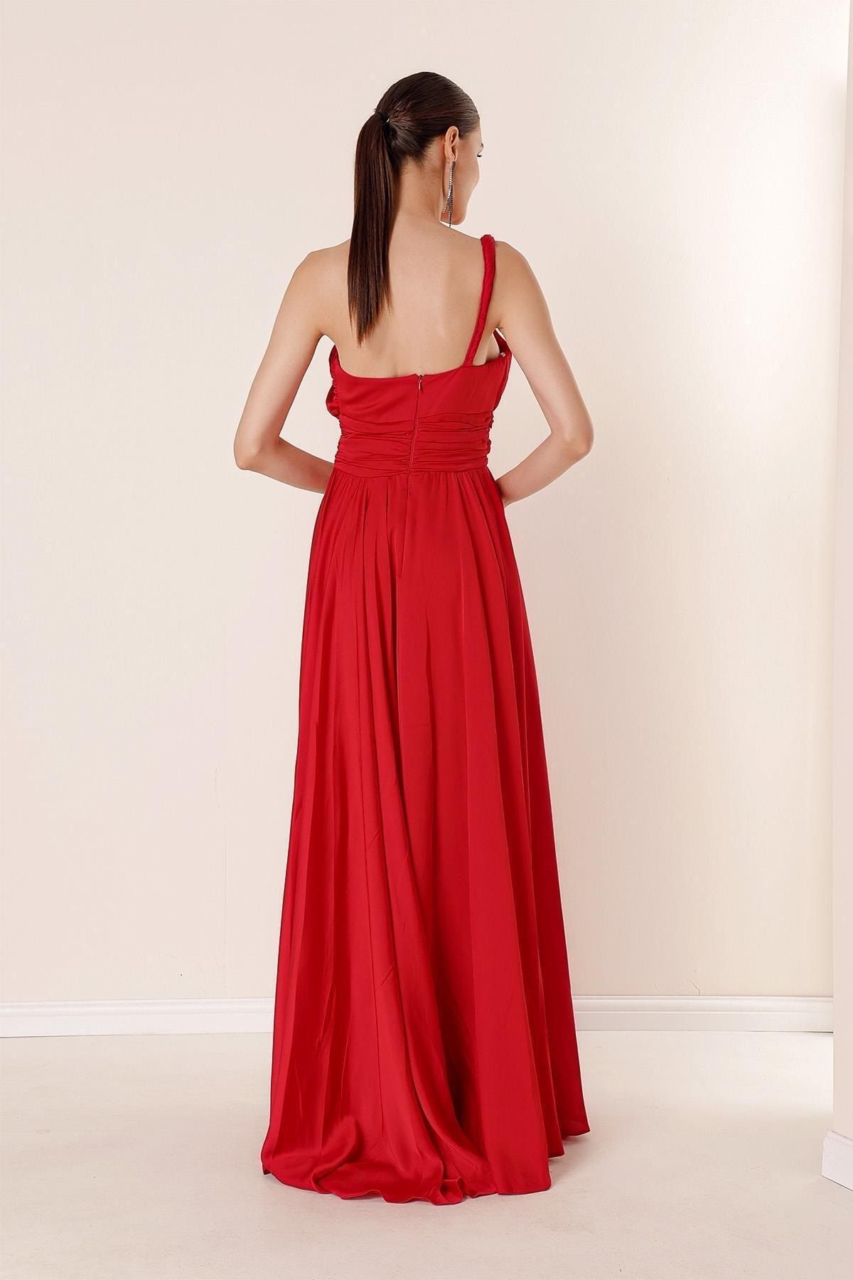 Satin Ruched A-Line Maxi Dress with Single-Strap Design - June Bridals