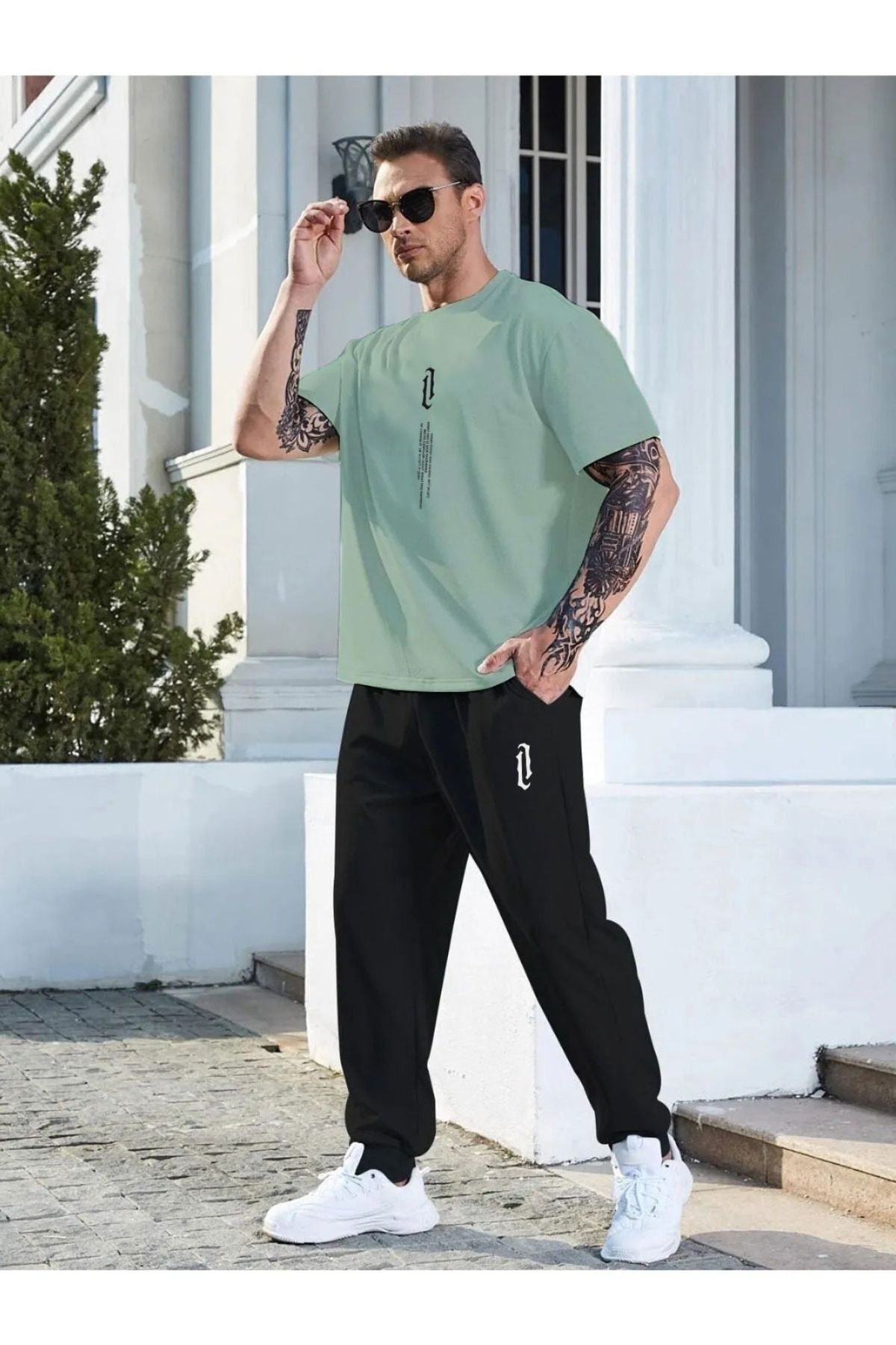 Altamira Men s Water Green Vertical Printed Oversize Tracksuit Set