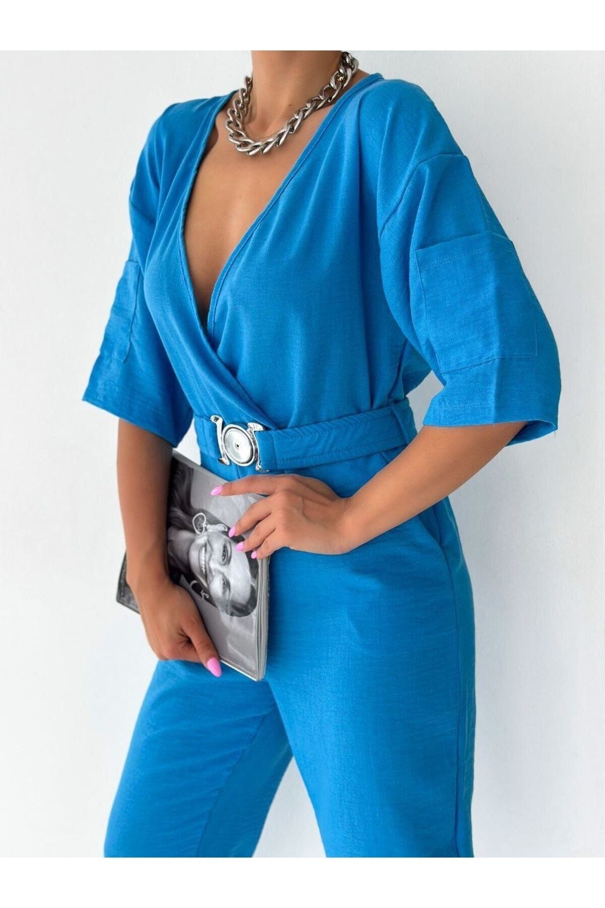 Blue wrap jumpsuit discount