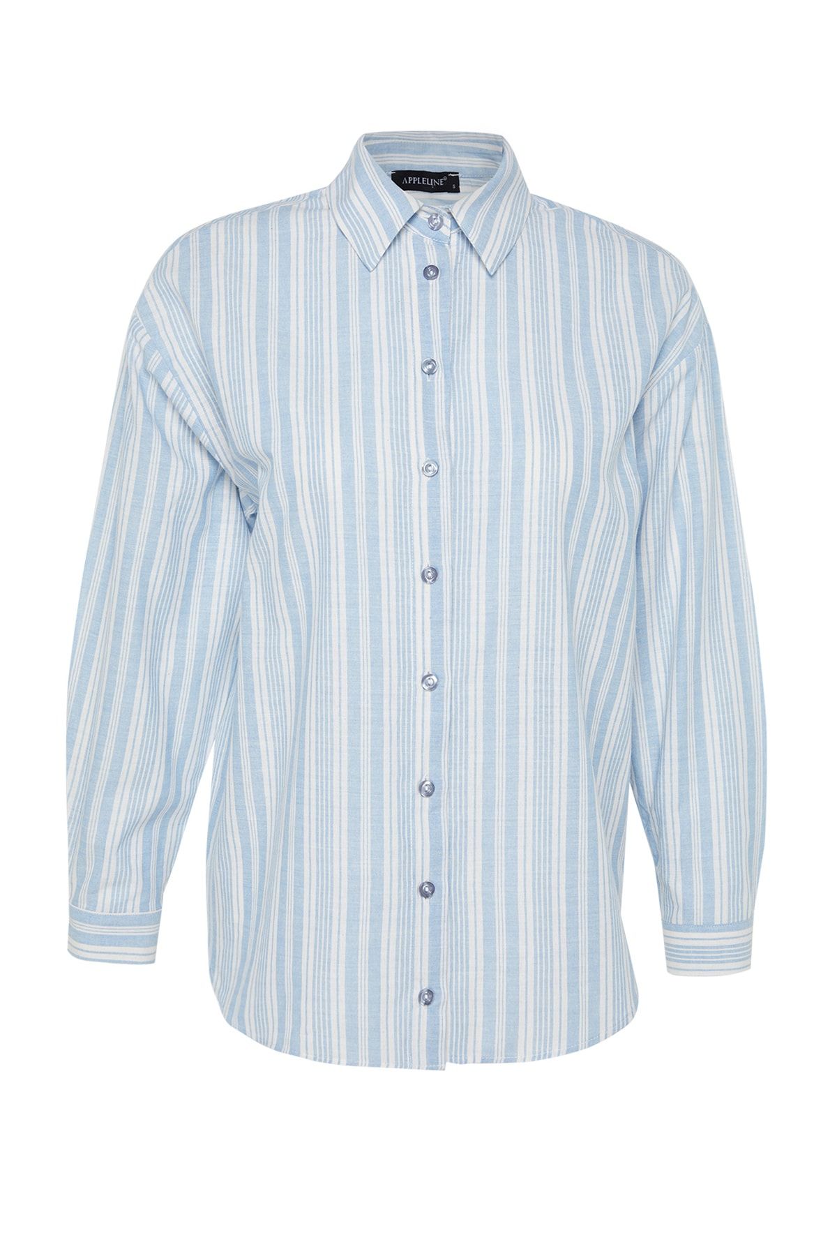Trendyol Collection-Blue Striped Woven Beach Shirt Tbess23Go00041 6