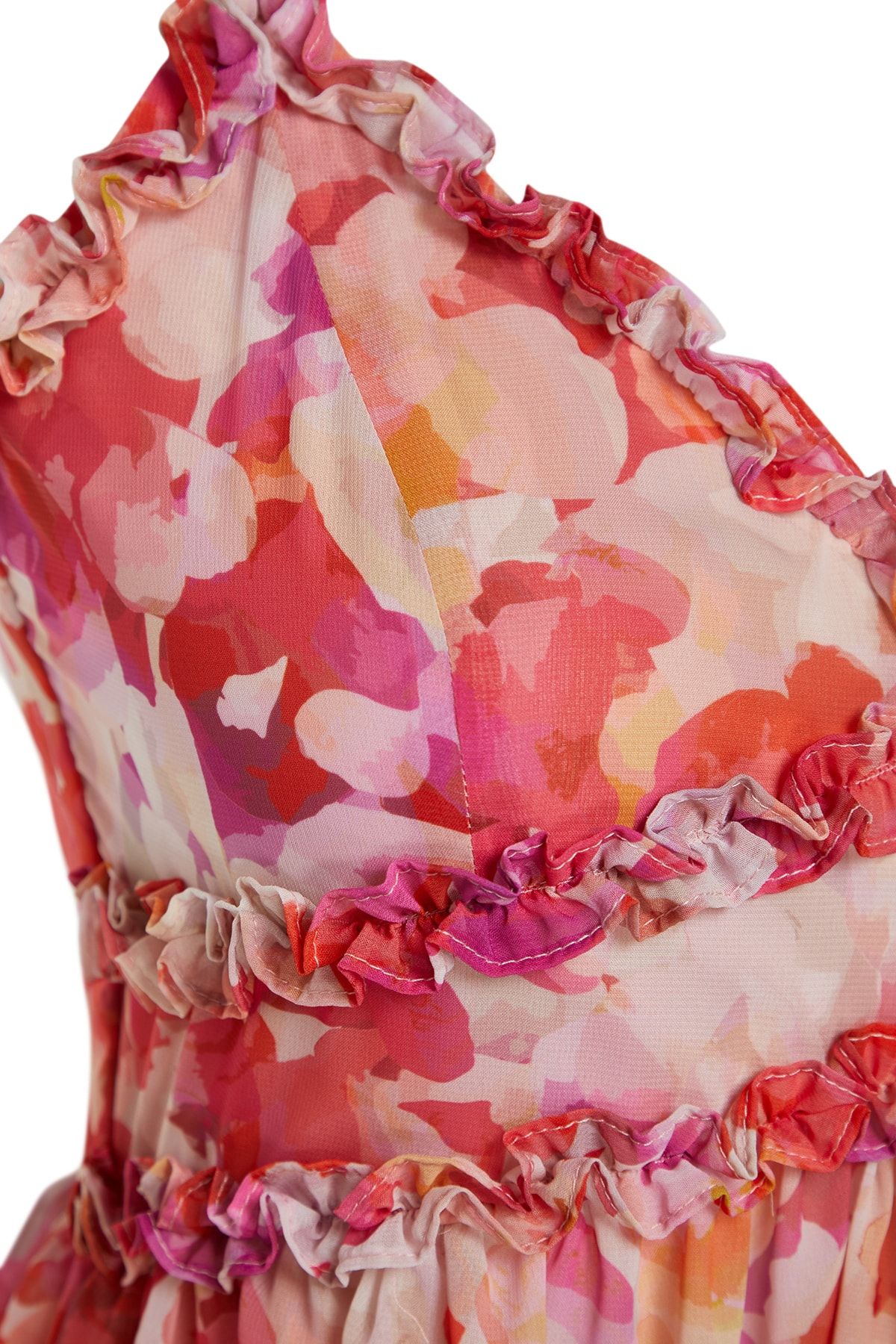 Trendyol Collection-Mehrfarbiges A-Cut-Maxikleid aus gewebtem Chiffon mit Blumenmuster und Rüschendetail, gefüttert TWOSS23EL02013 7
