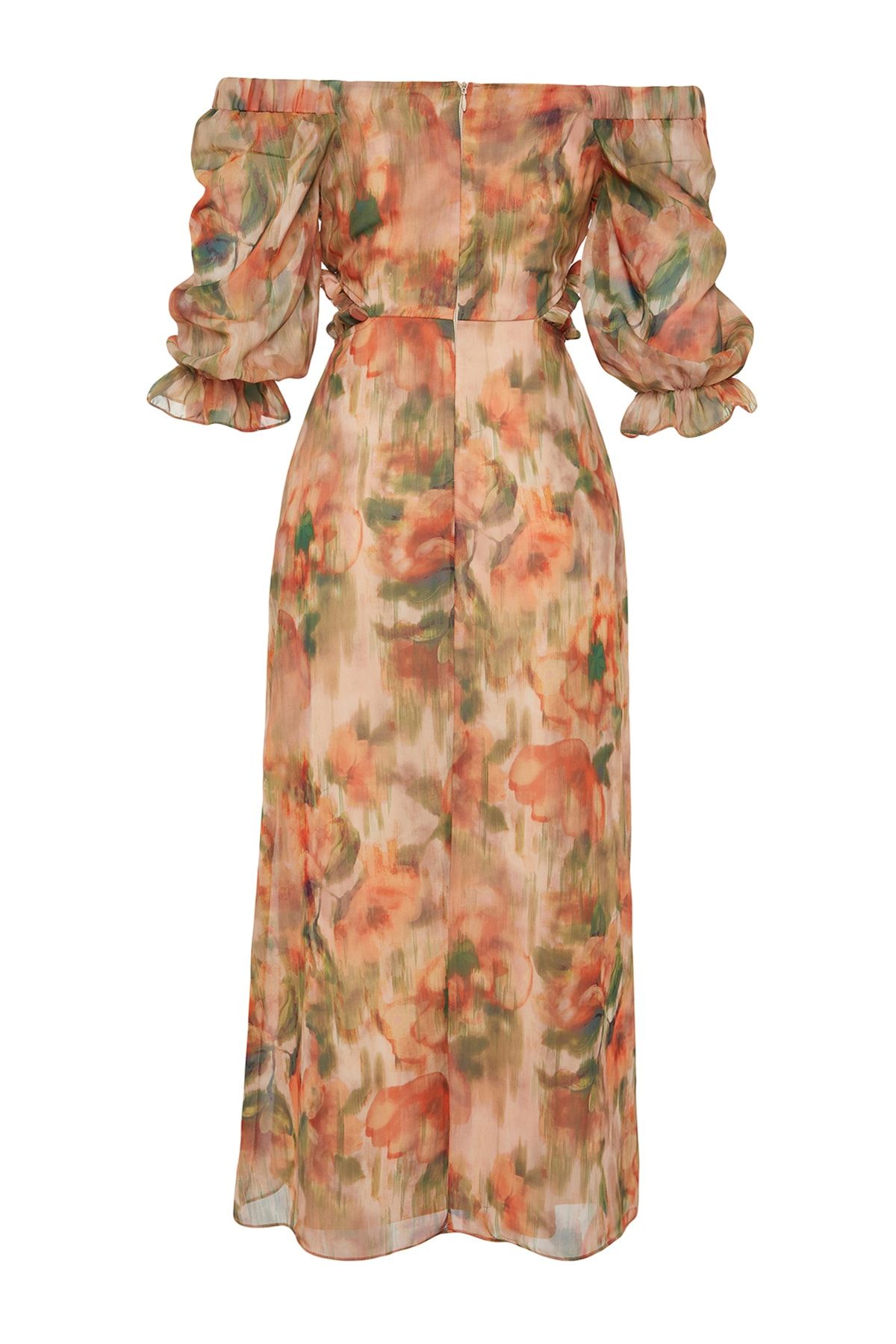 Trendyol Collection-A-vonalú Carmen nyakú - narancssárga virágmintás sifon maxi ruha TWOSS23EL02422 8
