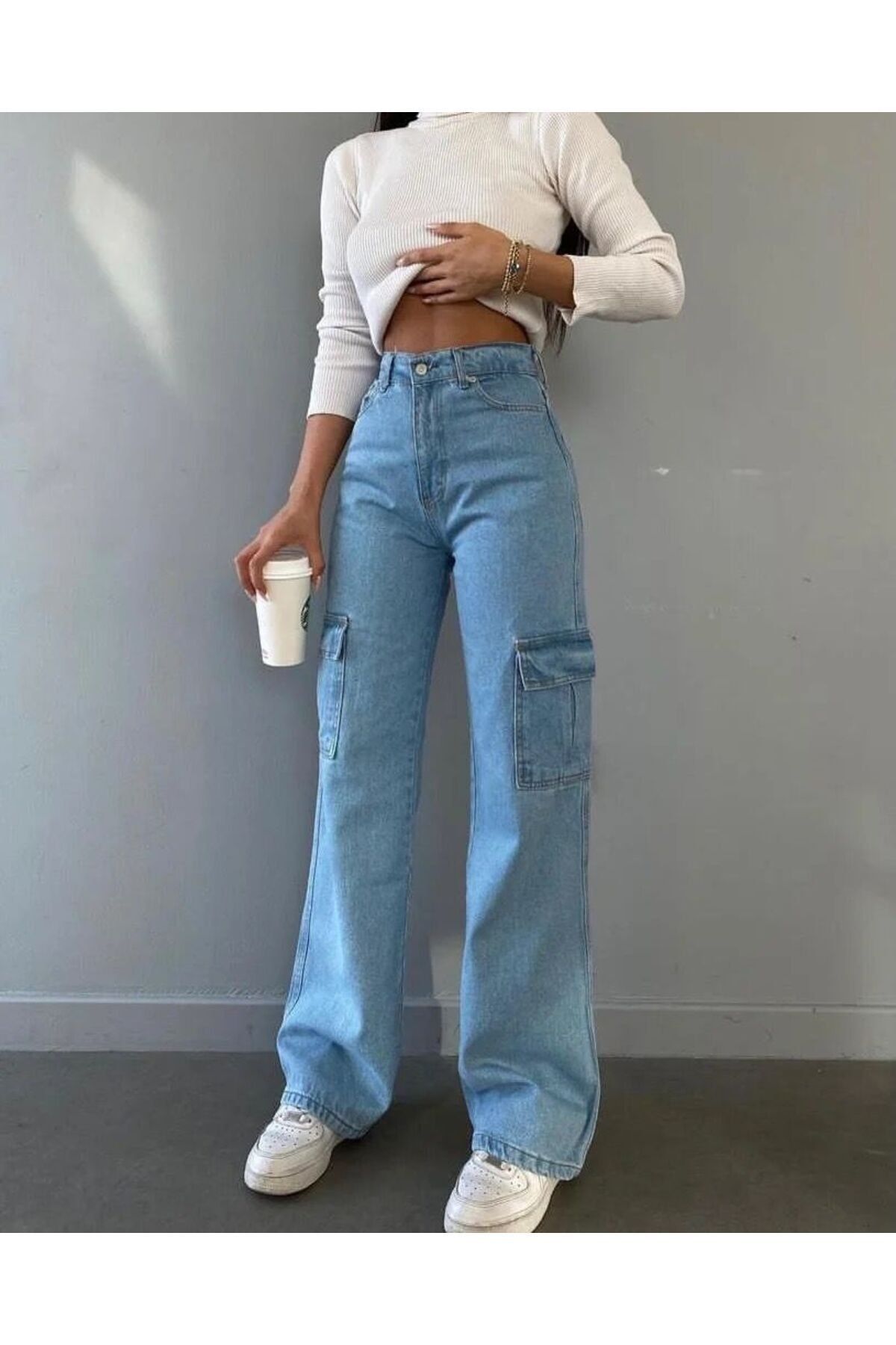 LAMİRA Pantaloni Cargo Cu Talie Înaltă Aramavi Cu Picioare Largi - Blugi Palazzo Jeans Femeie - 30