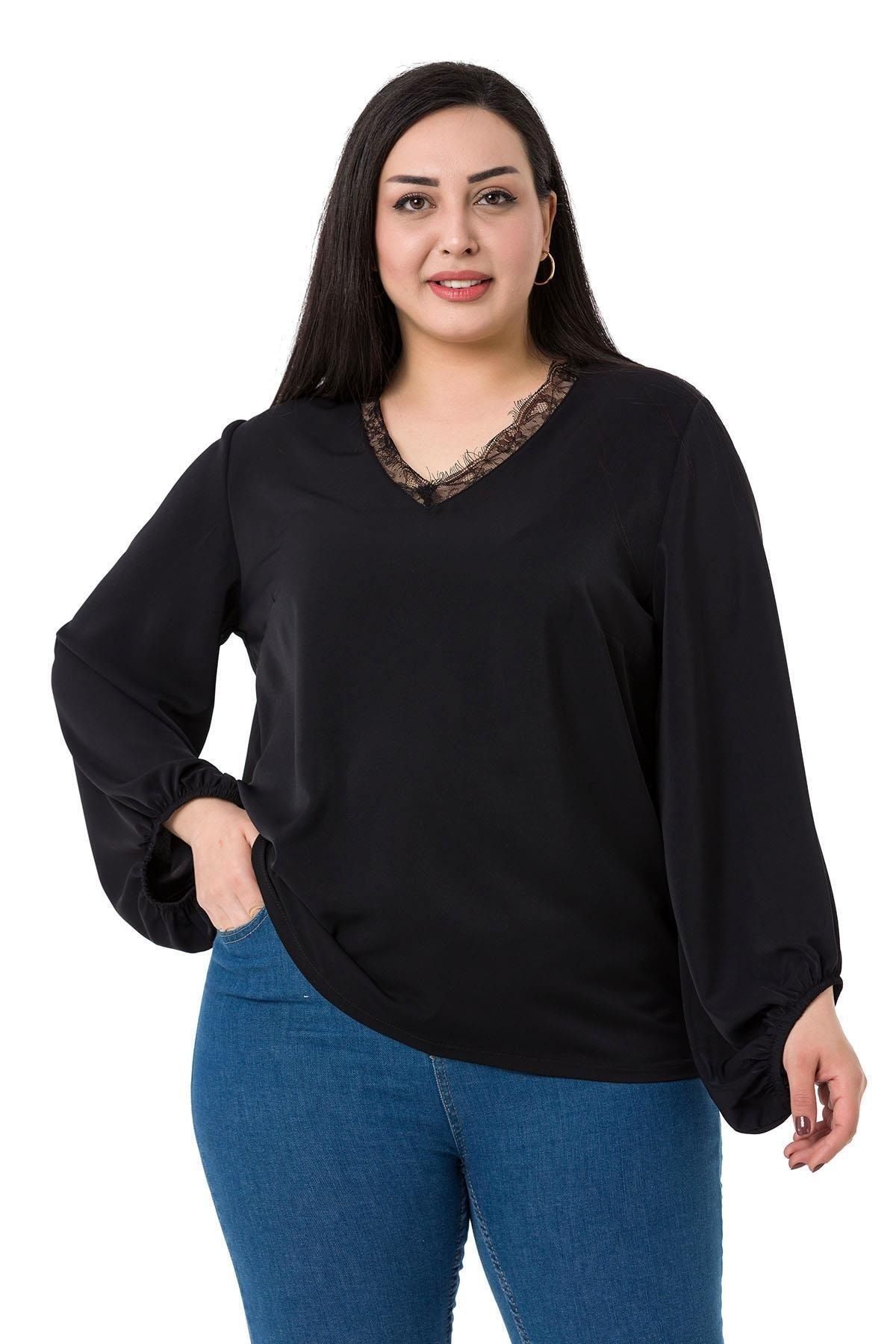 DISENTIS MODEST-Plus Size Black Blouse with Lace Collar and Wide Elastic Sleeves 1