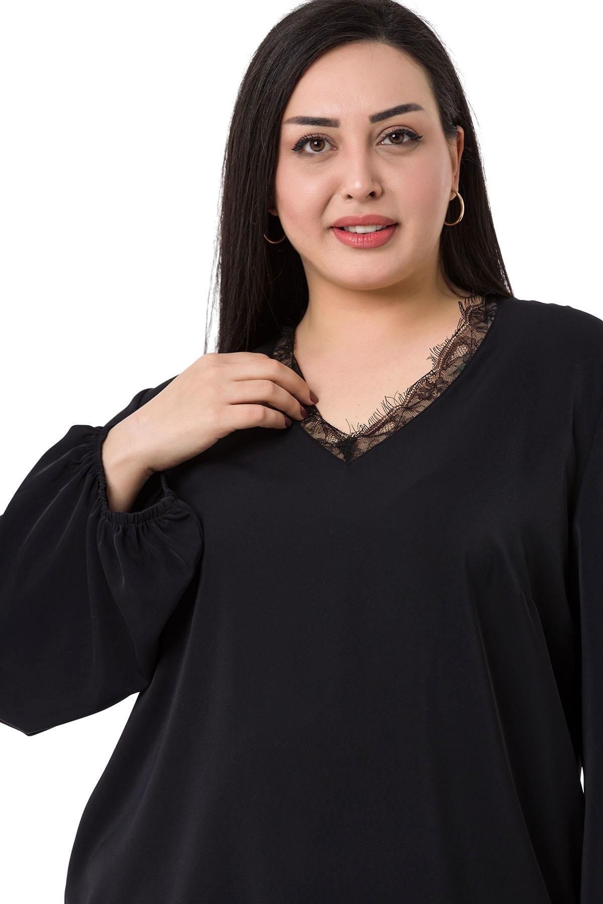 DISENTIS MODEST-Plus Size Black Blouse with Lace Collar and Wide Elastic Sleeves 5