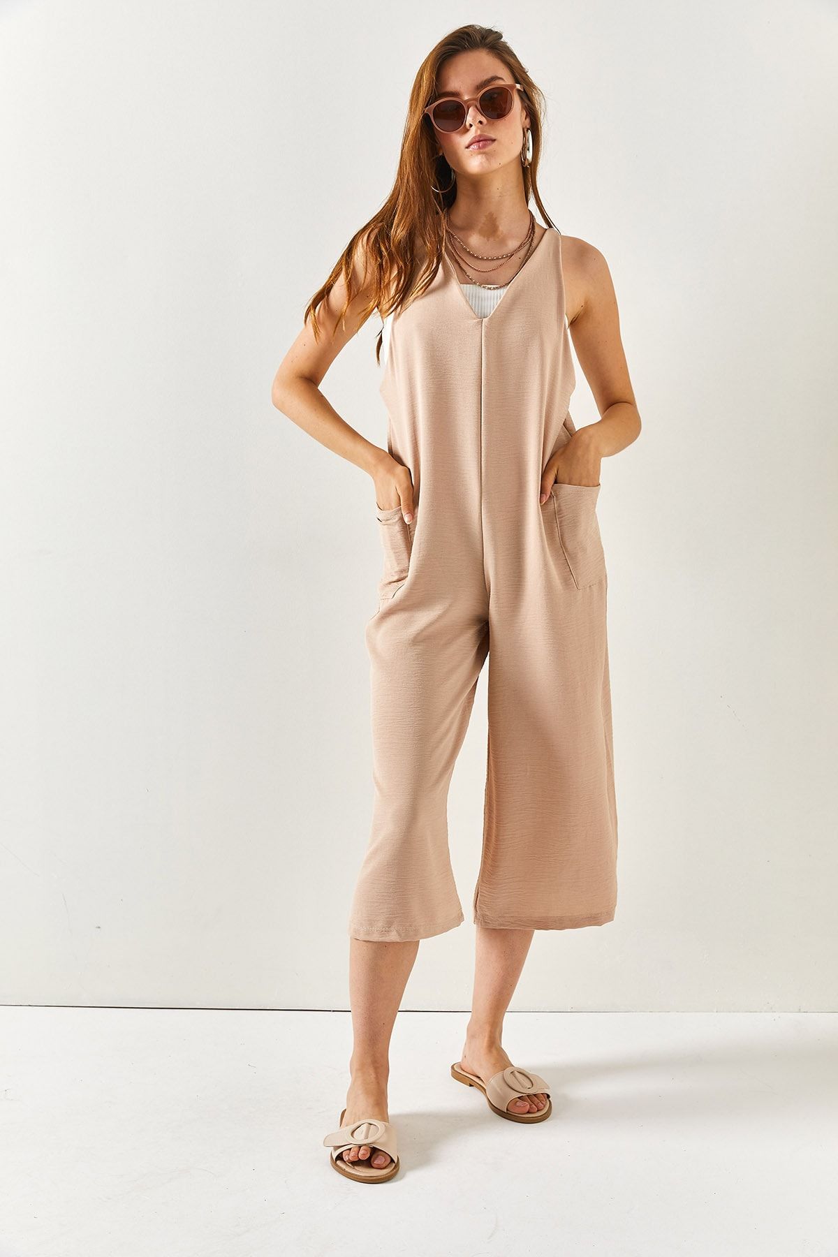 Tan cheap linen jumpsuit