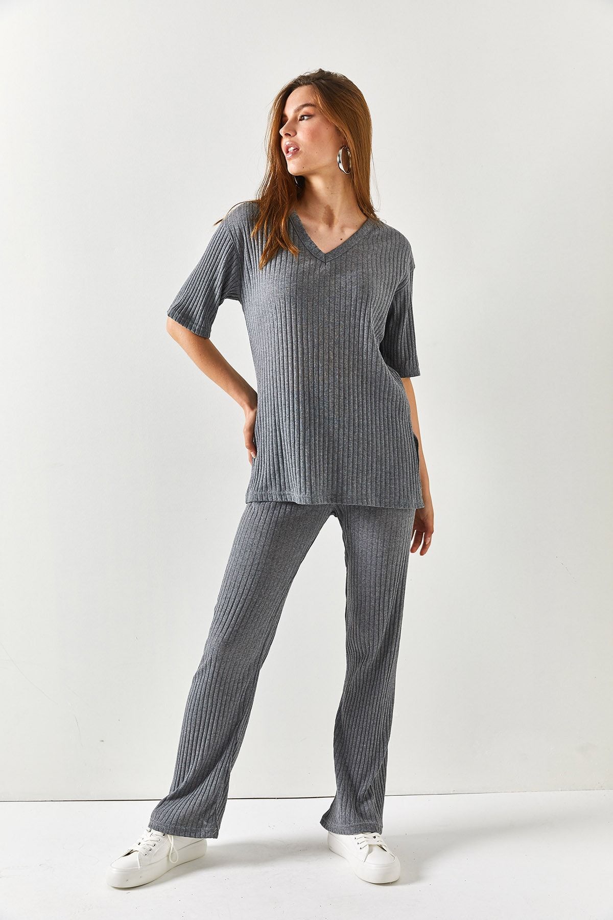 Olalook-بدلة نسائية من أنثراسايت برقبة على شكل حرف V من أسفل Palazzo Twill TKM-19000212 4