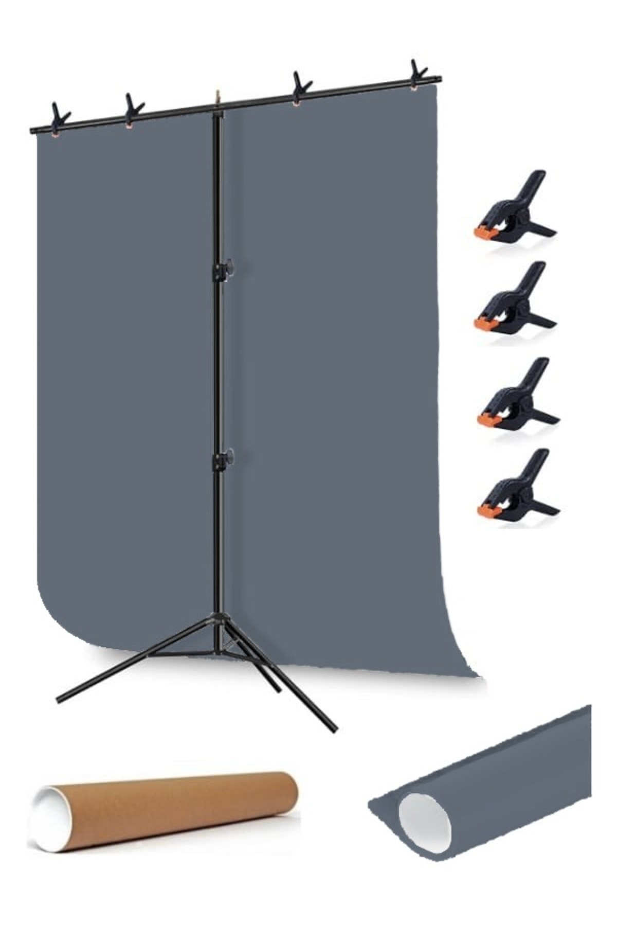 grey Screen gri fon perde (1.5x2m)+ tek Ayaklı Fon Standı+ 4 Fon Mandalı