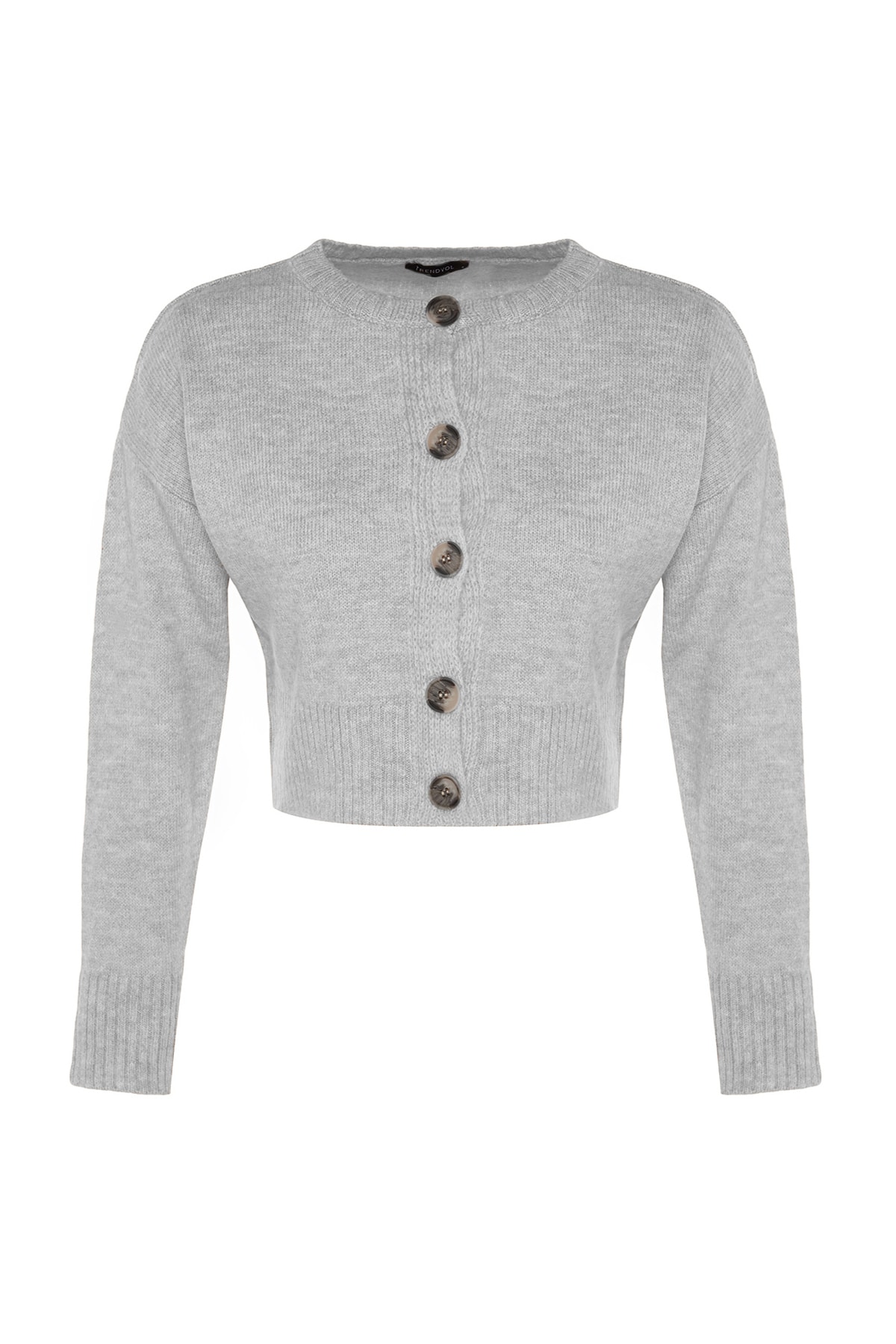 Trendyolmilla  Gri Crop Yumuşak Dokulu Düğmeli Triko Hırka TWOAW24HI00198 - Görsel 6