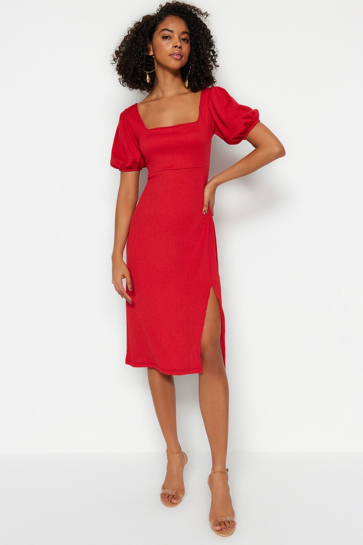 Trendyol Collection Red Square Neck Balloon Sleeve A Line Slit