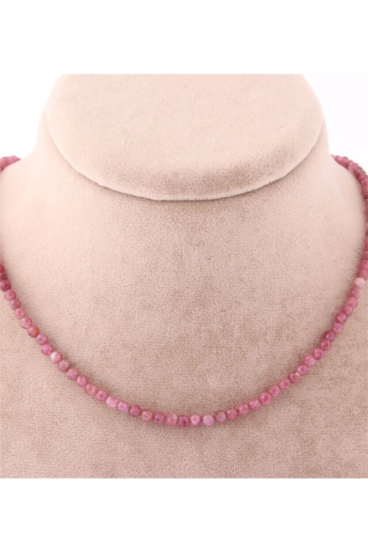 Turmalin Taşı Doğal Taş Kolye-Bileklik Takımı-3-4MM Pembe 3