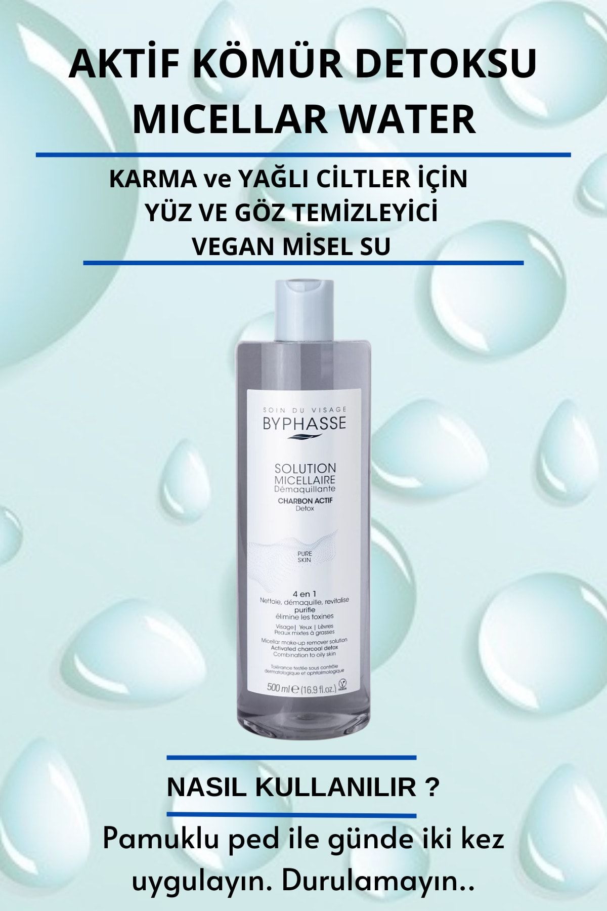 BYPHASSE-Micellar Face and Makeup Remover Activated Charcoal Micellar Water Combination and Oily Skin 500ml 3
