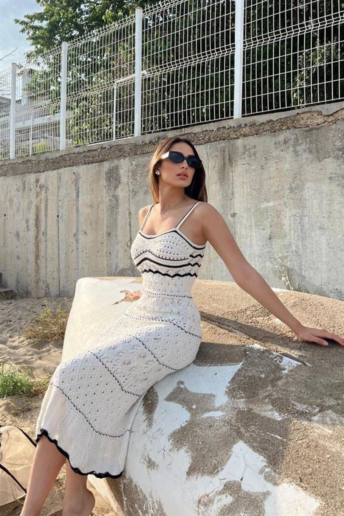 BG Collection Strappy Black Patterned Maxi Knitted Dress Trendyol
