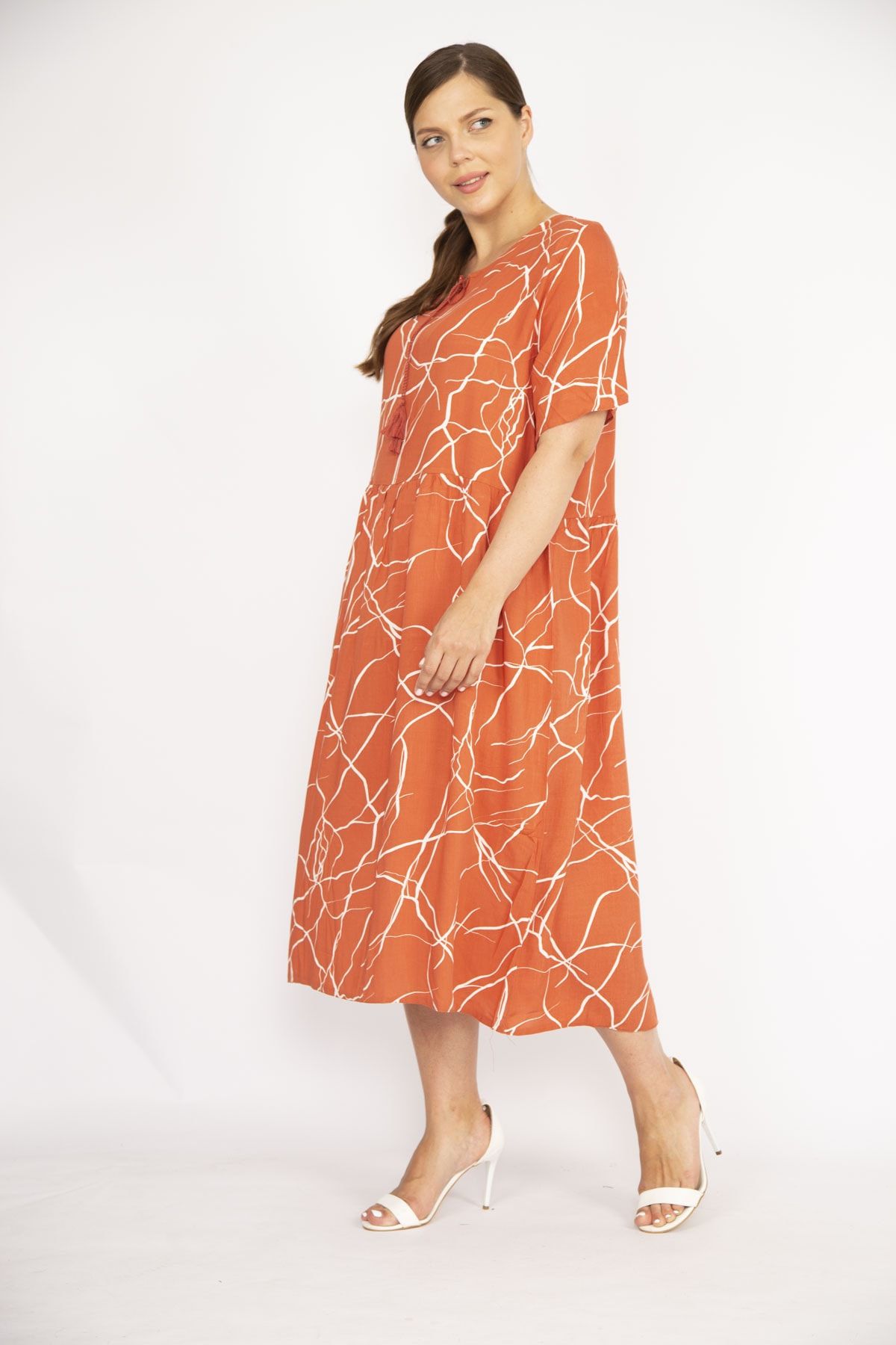 ans Women s Orange Large Size Woven Viscose Fabric Short Sleeve Dress 65n36521