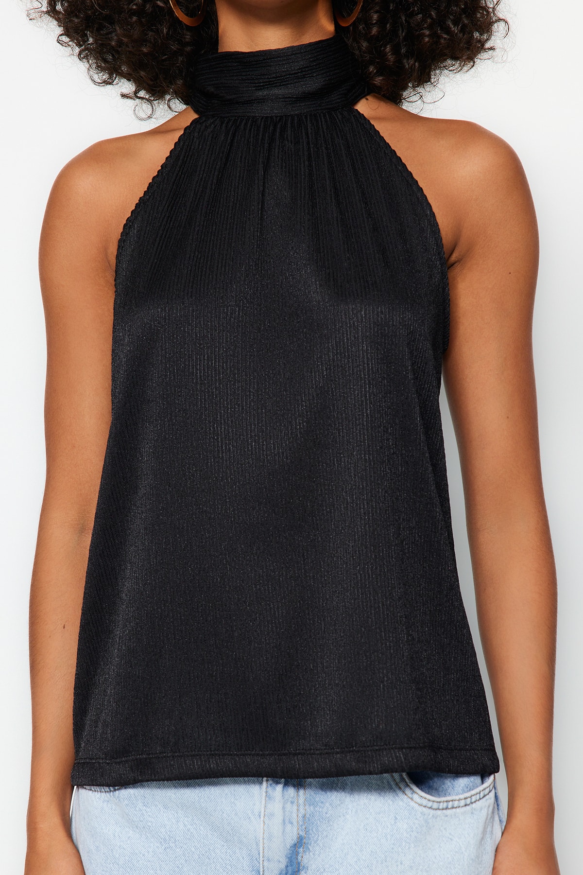 Trendyolmilla  Siyah Regular/Normal Kalıp Dik Yaka Fit Pilise Esnek Örme Bluz TWOSS23BZ00952 - Görsel 4