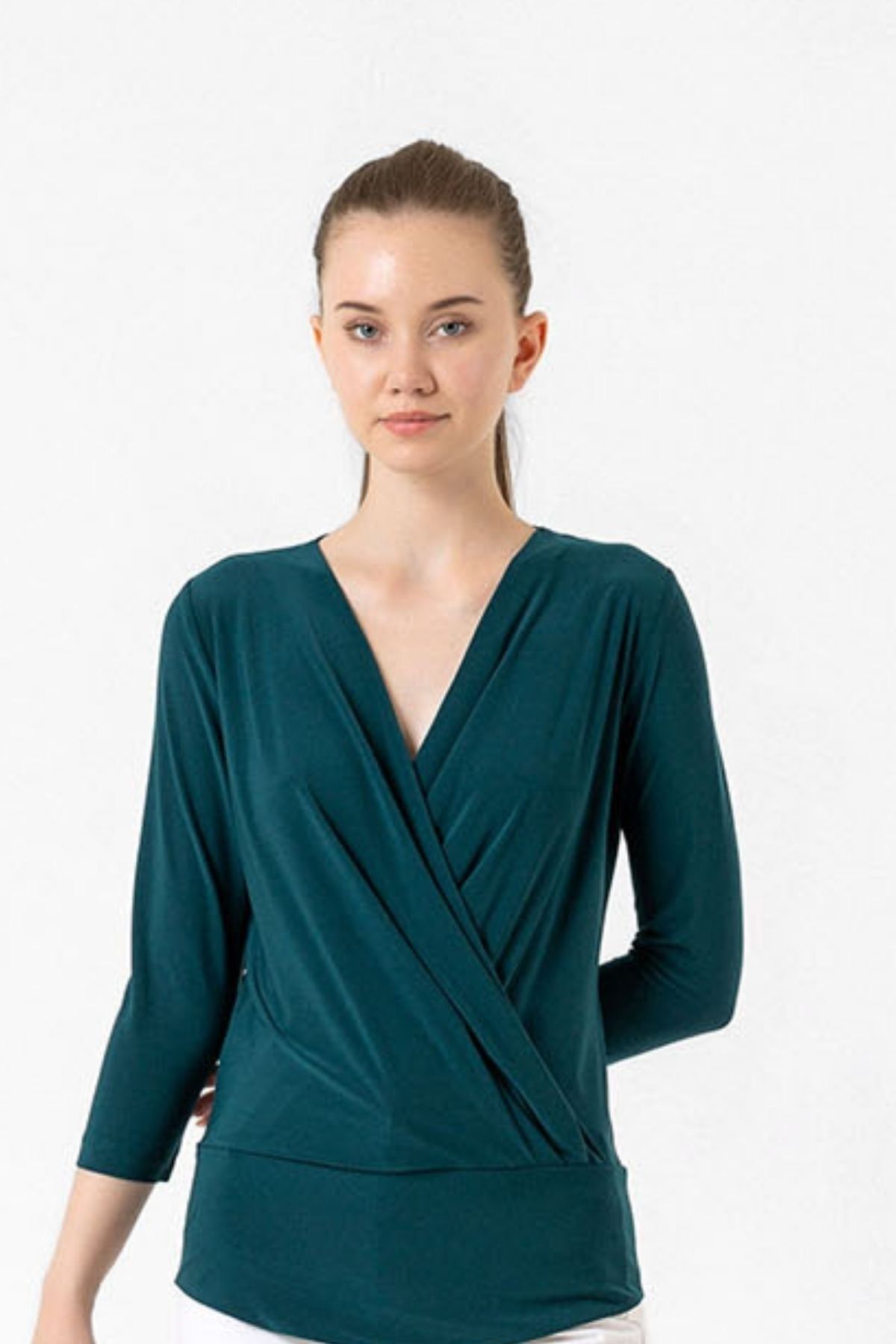 Laranor-Emerald Green Double Breasted Cut Three Quarter Sleeve Blouse 5