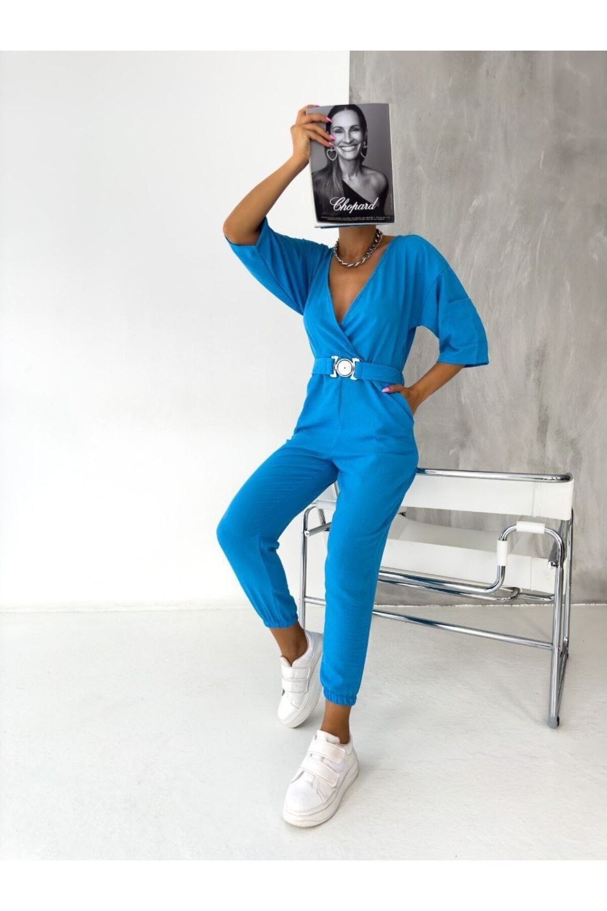 Blue sales belted jumpsuit