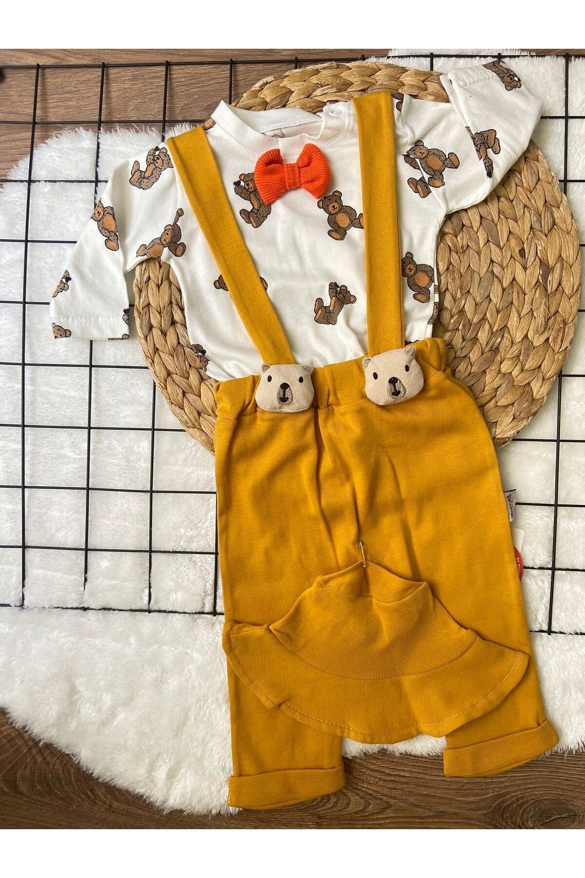 tunays shopping Men s Bear Printed Bodysuit with Hat and Overalls