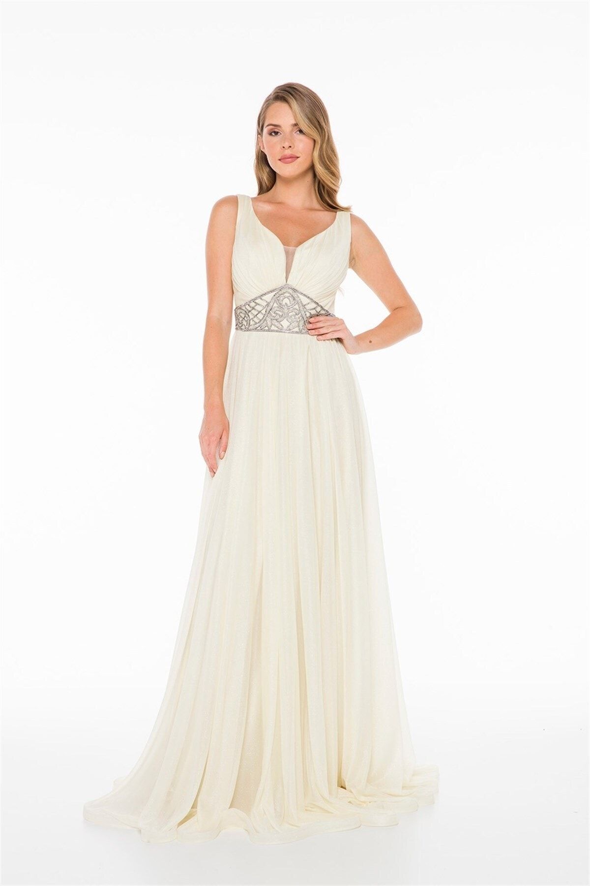 Abiye Sarayı-Ecru Stone Detailed Chest-Cut Long Evening Dress 2
