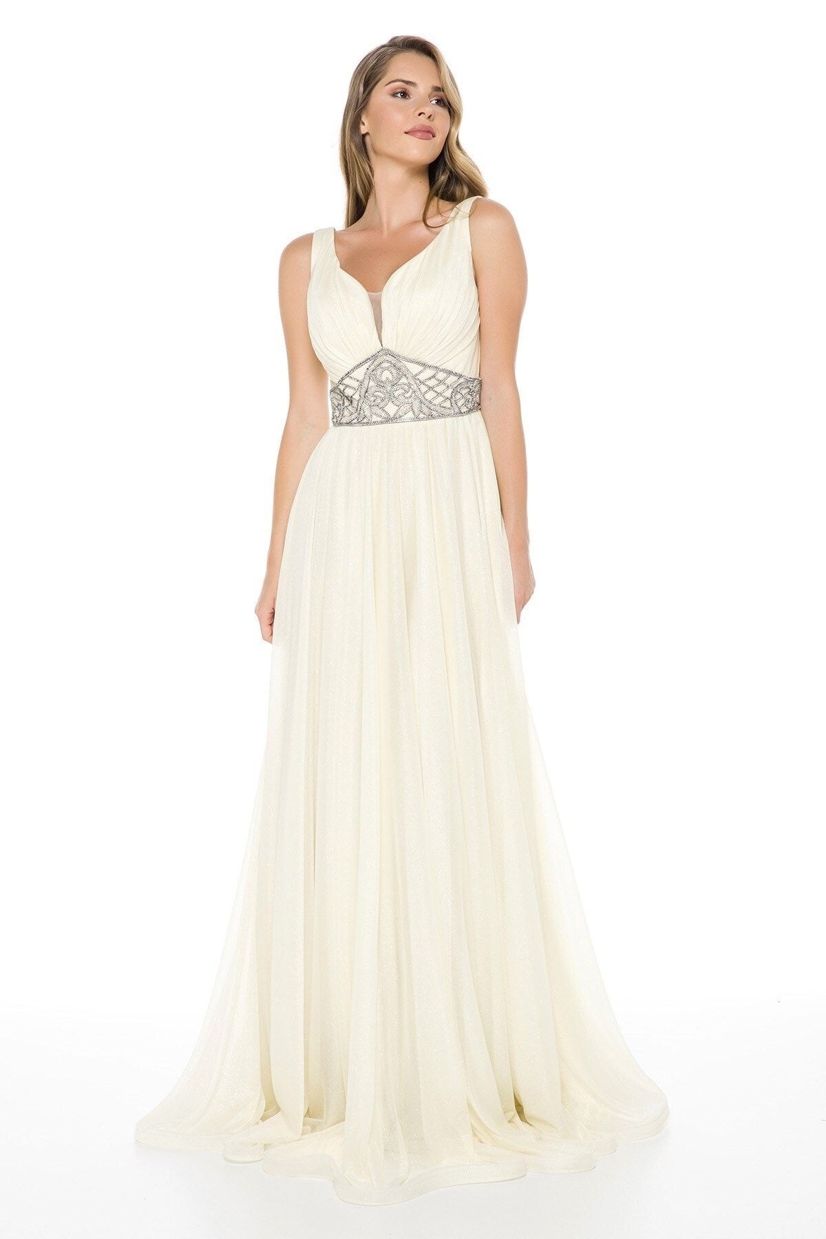 Abiye Sarayı-Ecru Stone Detailed Chest-Cut Long Evening Dress 5