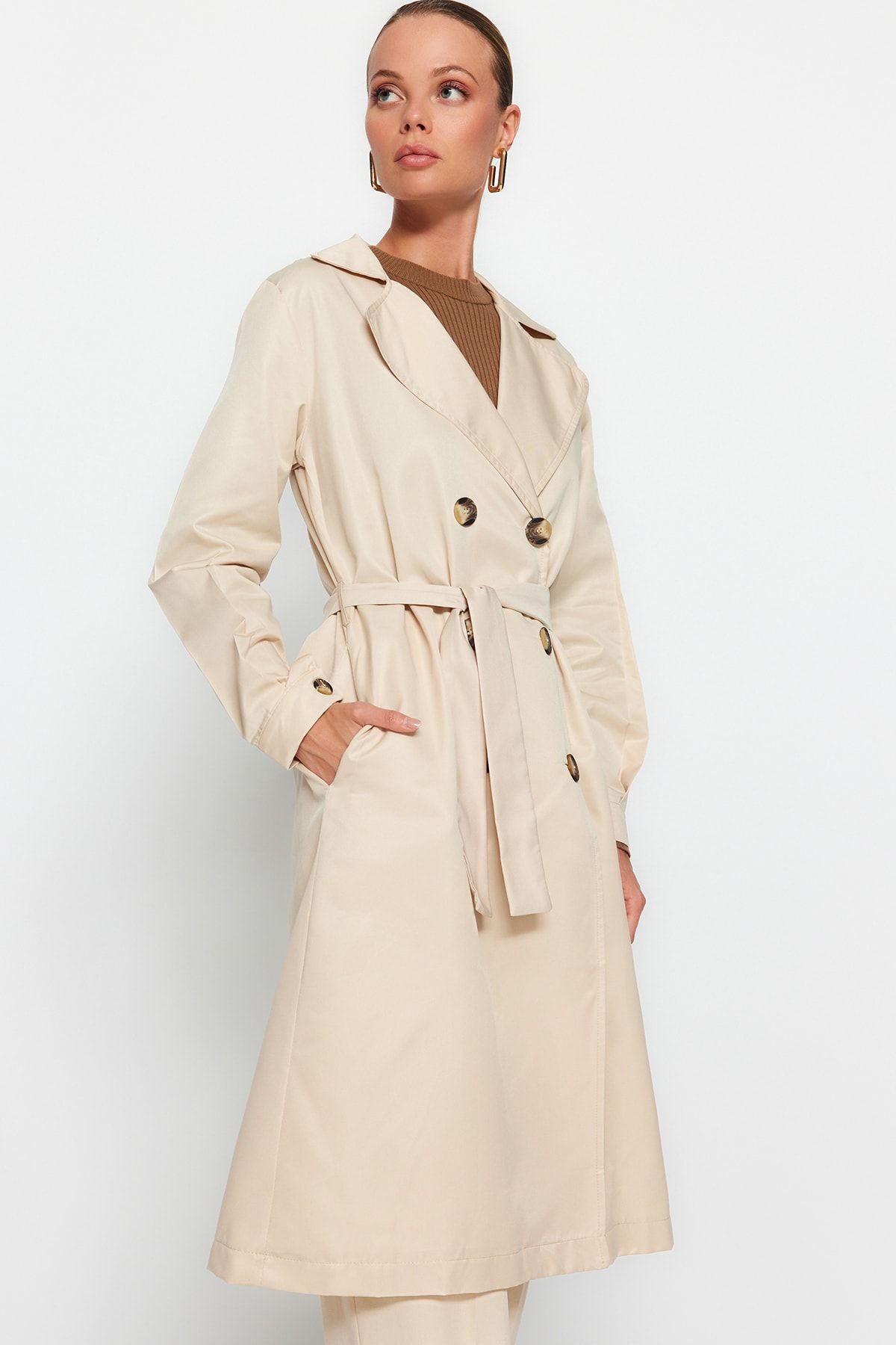Trendyol Collection-Dlouhý trenčkot s béžovým páskem TWOAW24TR00003 8