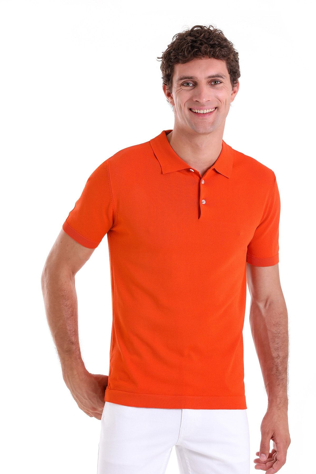 تی شرت بافتنی ساده با یقه ابریشم مصنوعی نارنجی Comfort Fit Hatemoğlu