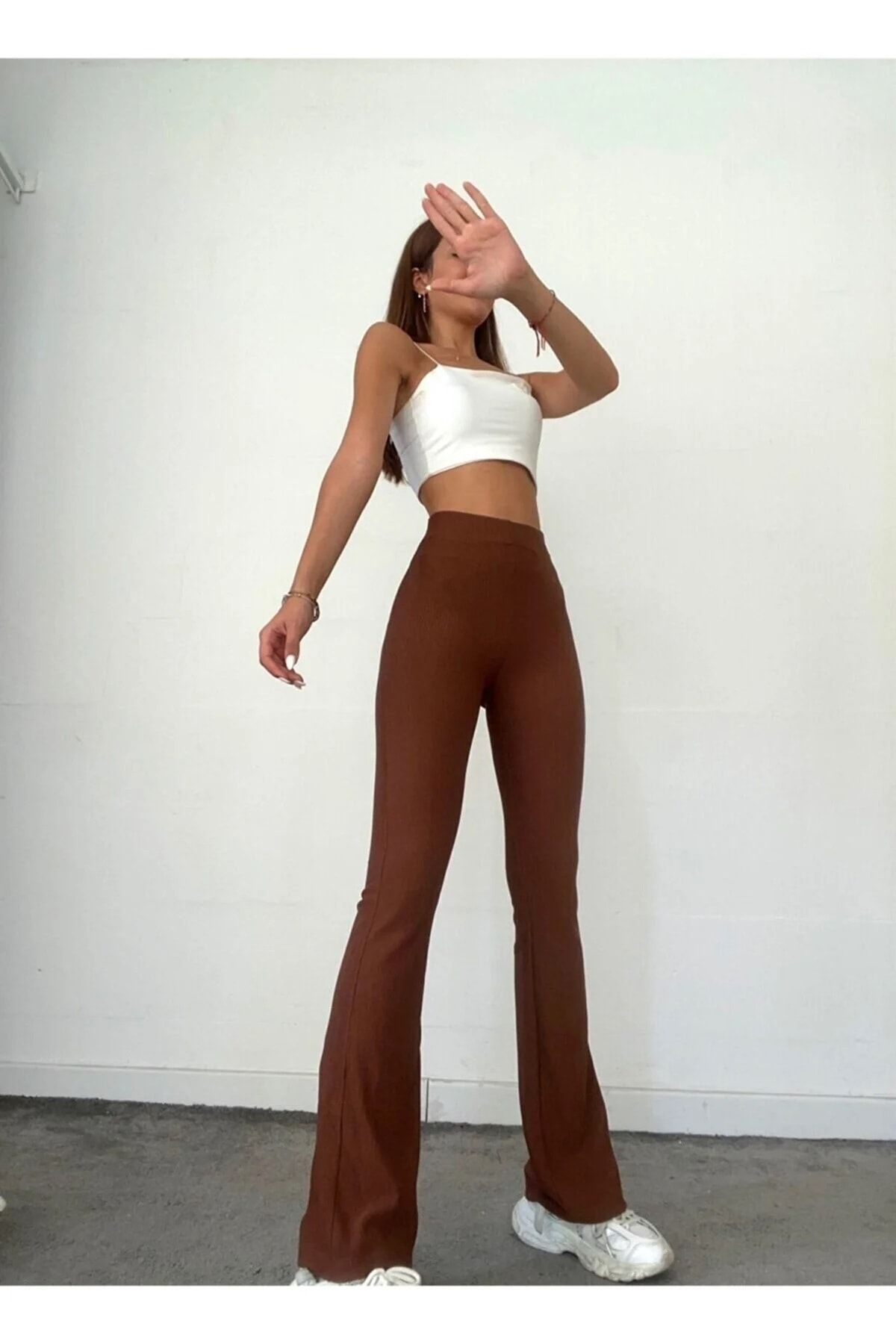 Heves Giyim Plus Size Flare Leg High Waist Brown Crepe Fabric