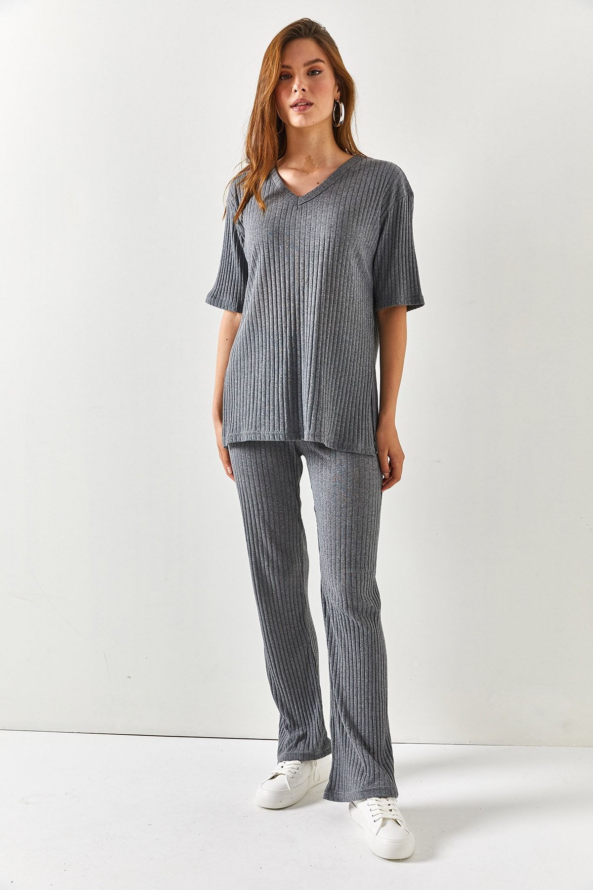 Olalook-بدلة نسائية من أنثراسايت برقبة على شكل حرف V من أسفل Palazzo Twill TKM-19000212 2
