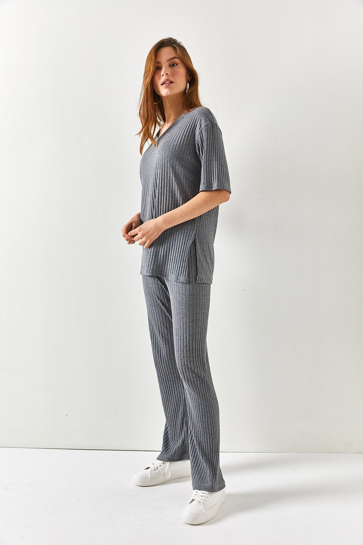 Olalook-بدلة نسائية من أنثراسايت برقبة على شكل حرف V من أسفل Palazzo Twill TKM-19000212 5
