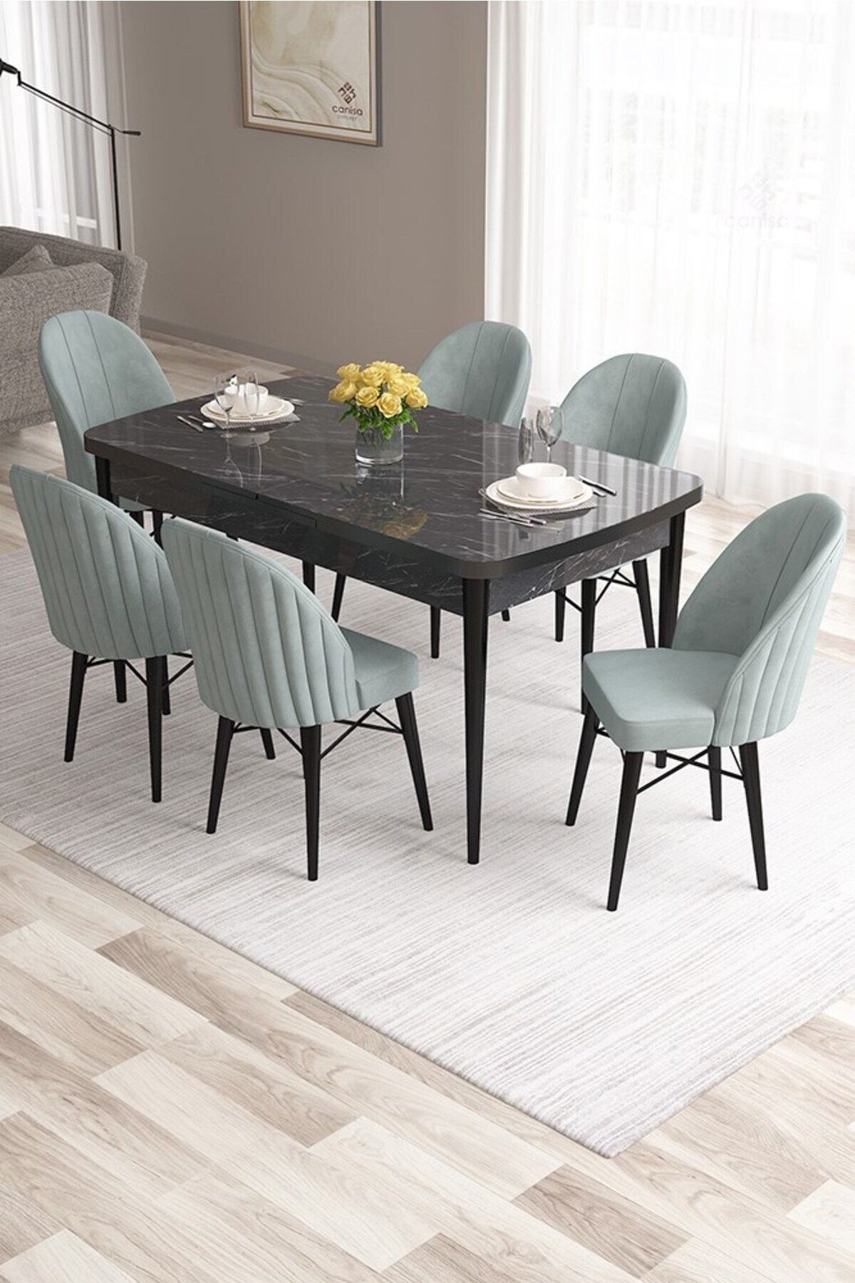 80x132 MDF Retractable Black Marble Pattern Dining Table 6 Water Green Chairs