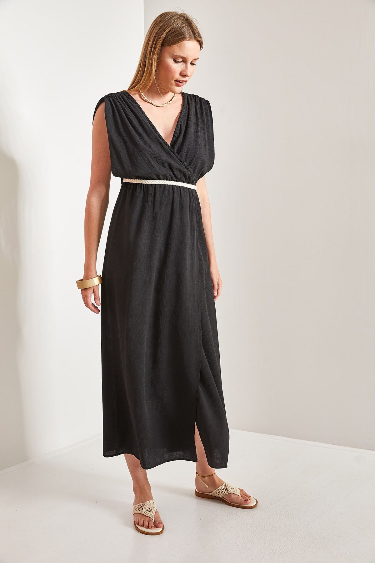 Bianco Lucci-Women's Strappy Waist Straw Rope Tied Dress 3