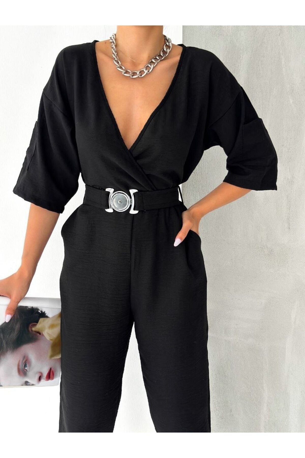 Fd Feodel Women s Black Linen Fabric Double Breasted Collar Sleeve Pocket Leg Elastic Belted Jumpsuit