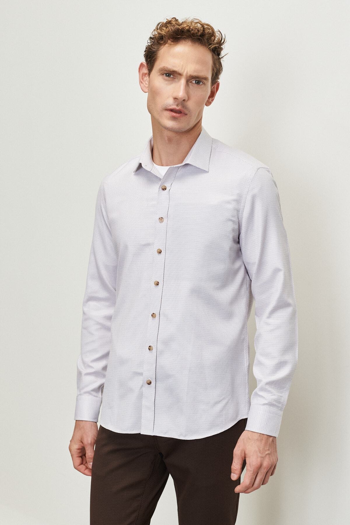 Erkek Beyaz-kahverengi Slim Fitdar Kesim Klasik Yaka Armürlü Gömlek