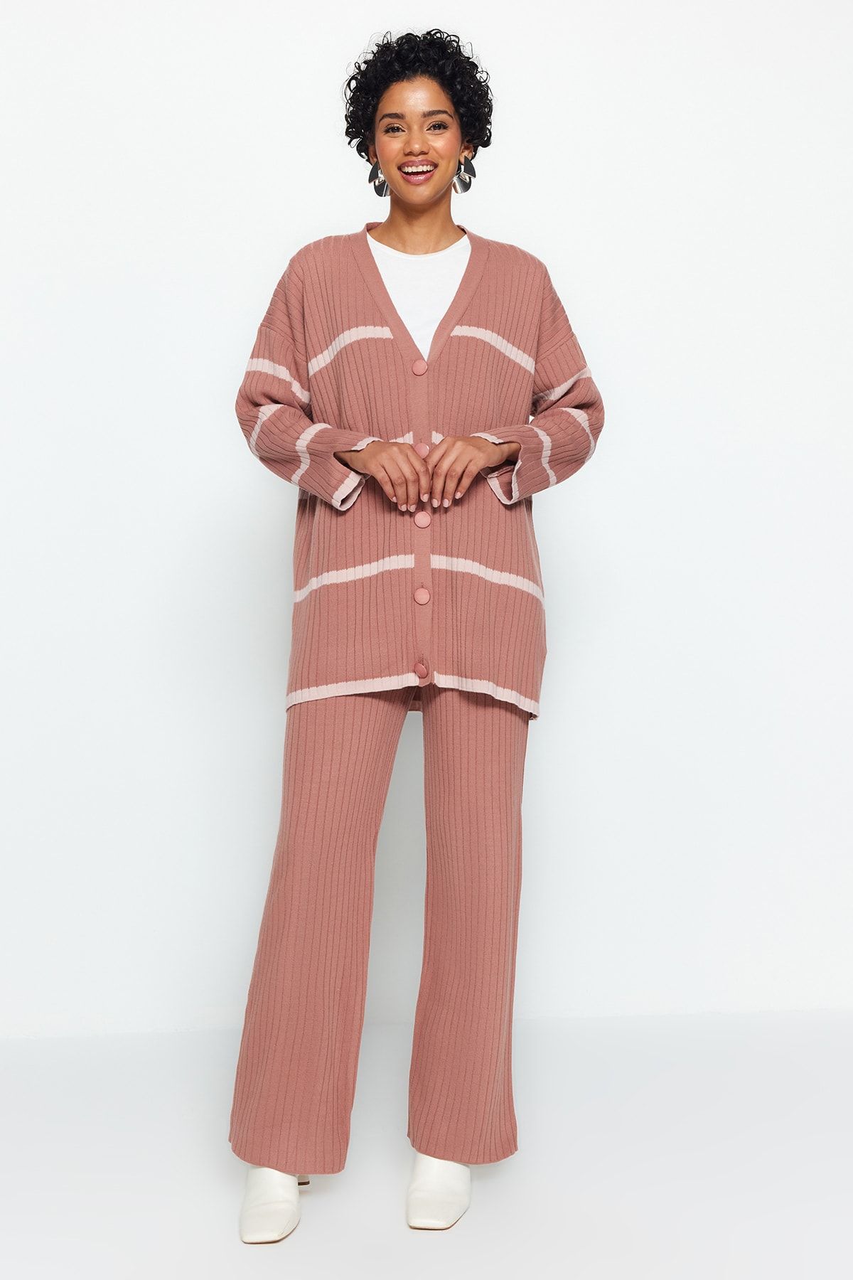 Trendyol Modest-Súprava pletených kardigánov a nohavíc Dried Rose Roving TCTAW24US00033 3