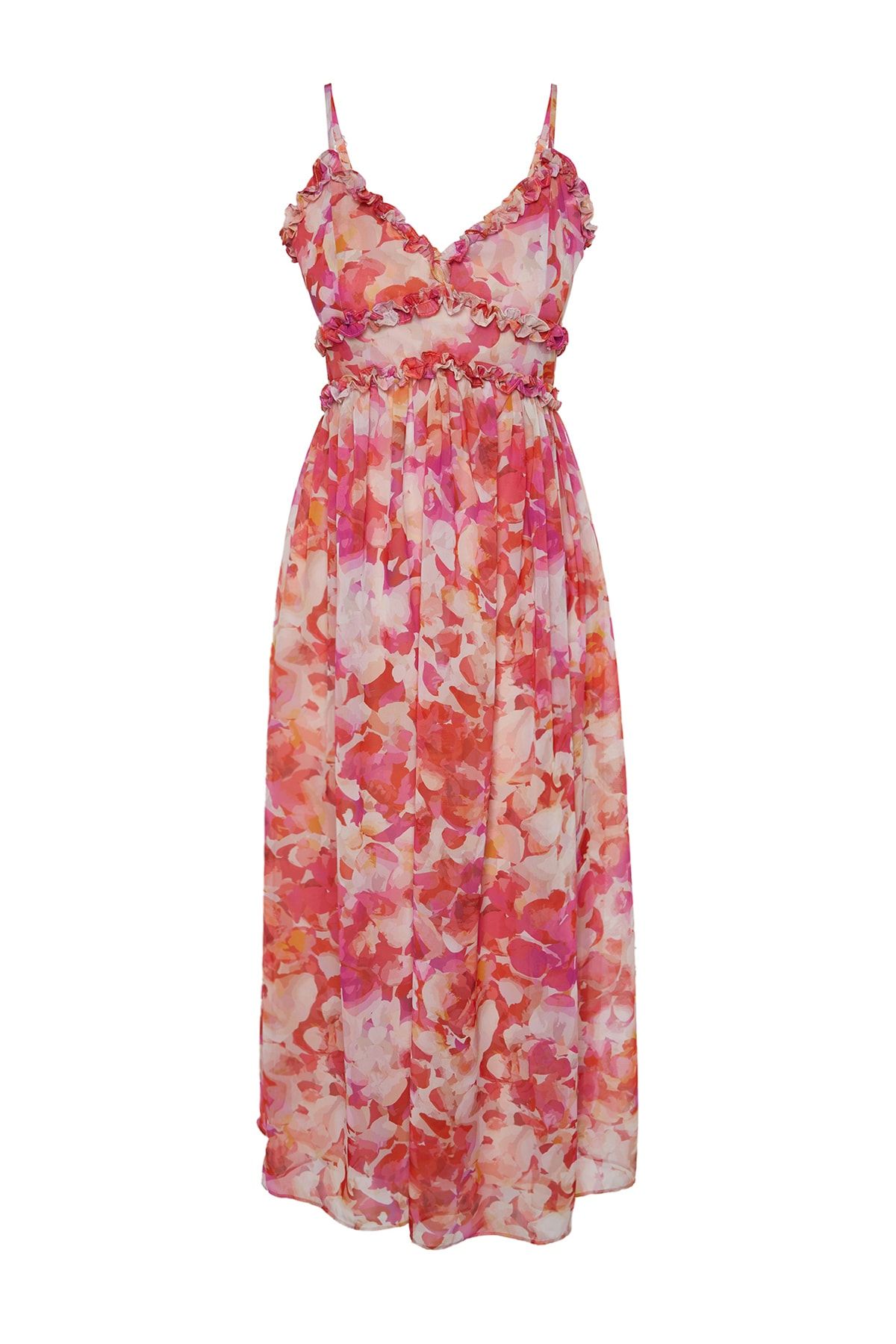Trendyol Collection-Mehrfarbiges A-Cut-Maxikleid aus gewebtem Chiffon mit Blumenmuster und Rüschendetail, gefüttert TWOSS23EL02013 6
