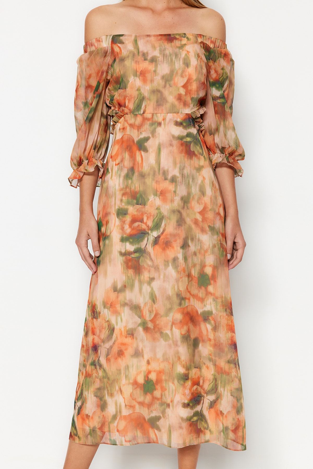 Trendyol Collection-A-vonalú Carmen nyakú - narancssárga virágmintás sifon maxi ruha TWOSS23EL02422 4