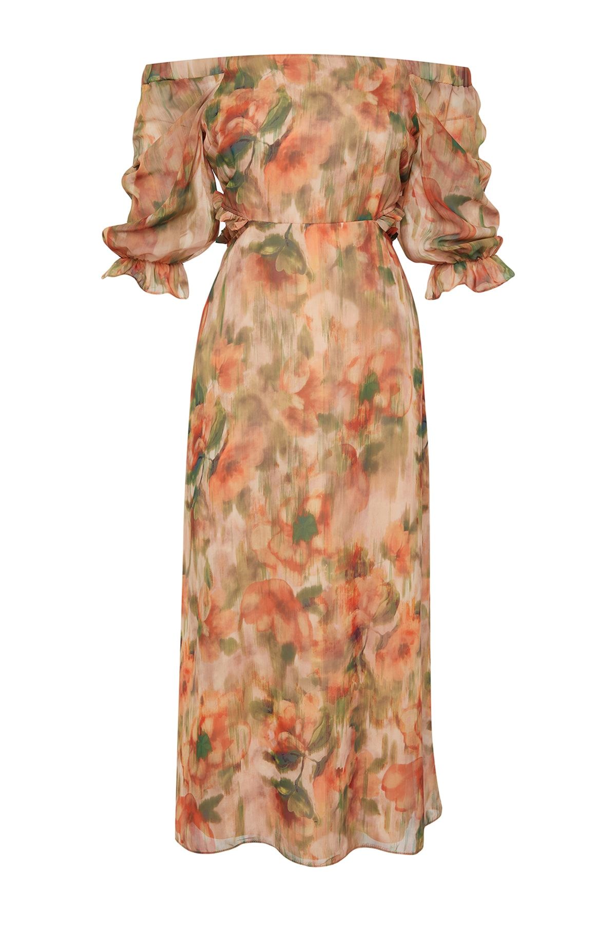 Trendyol Collection-A-vonalú Carmen nyakú - narancssárga virágmintás sifon maxi ruha TWOSS23EL02422 6