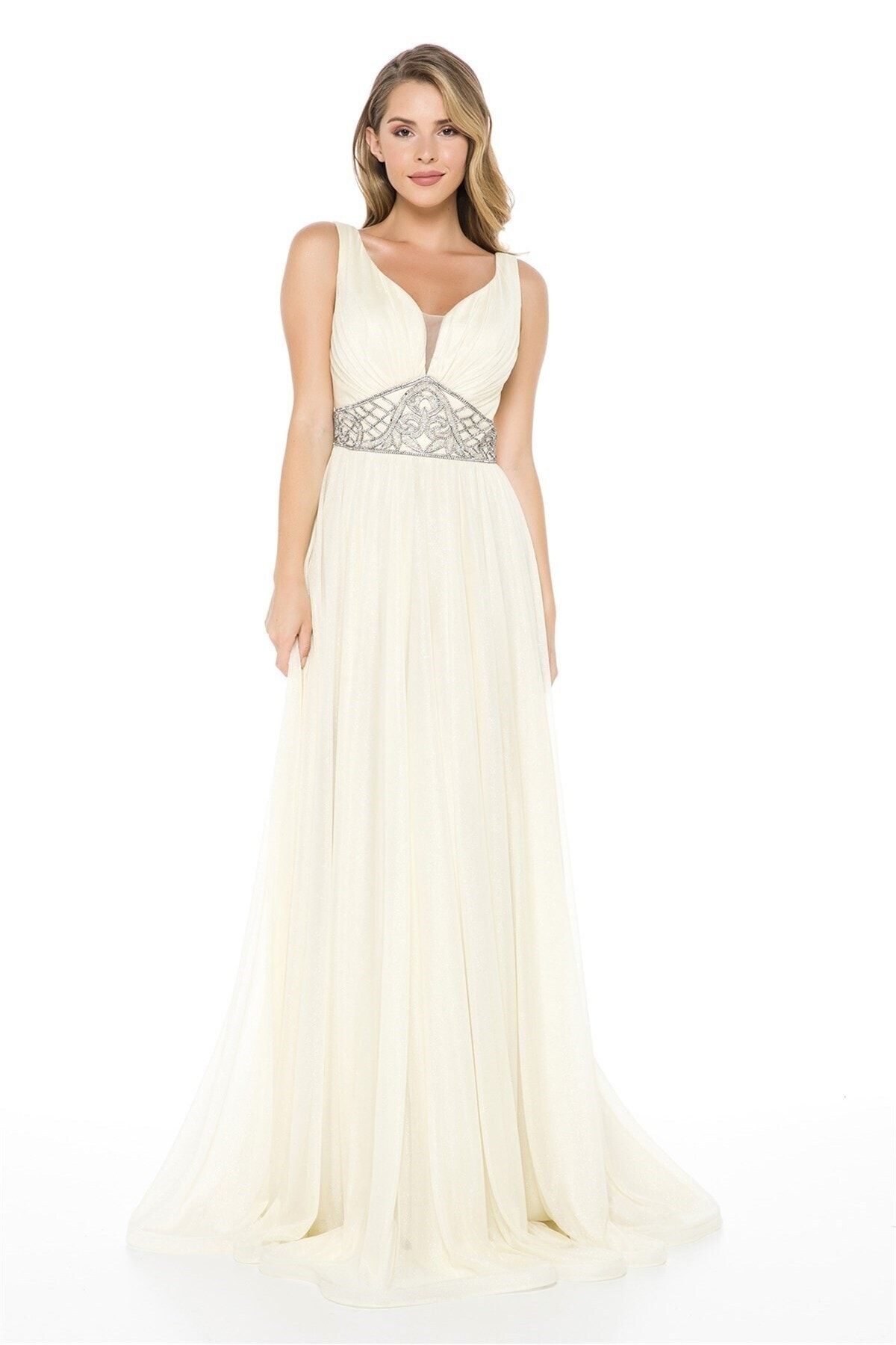 Abiye Sarayı-Ecru Stone Detailed Chest-Cut Long Evening Dress 3