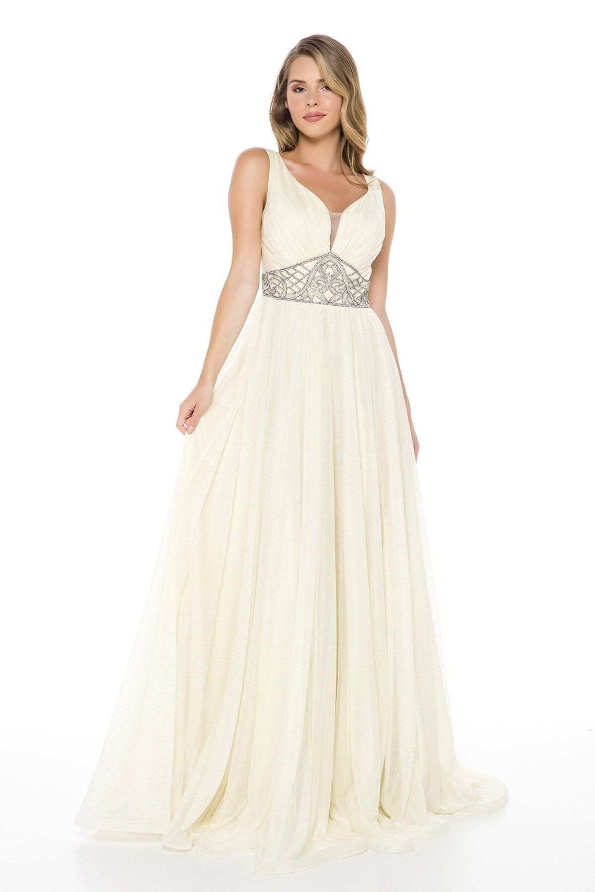 Abiye Sarayı-Ecru Stone Detailed Chest-Cut Long Evening Dress 4