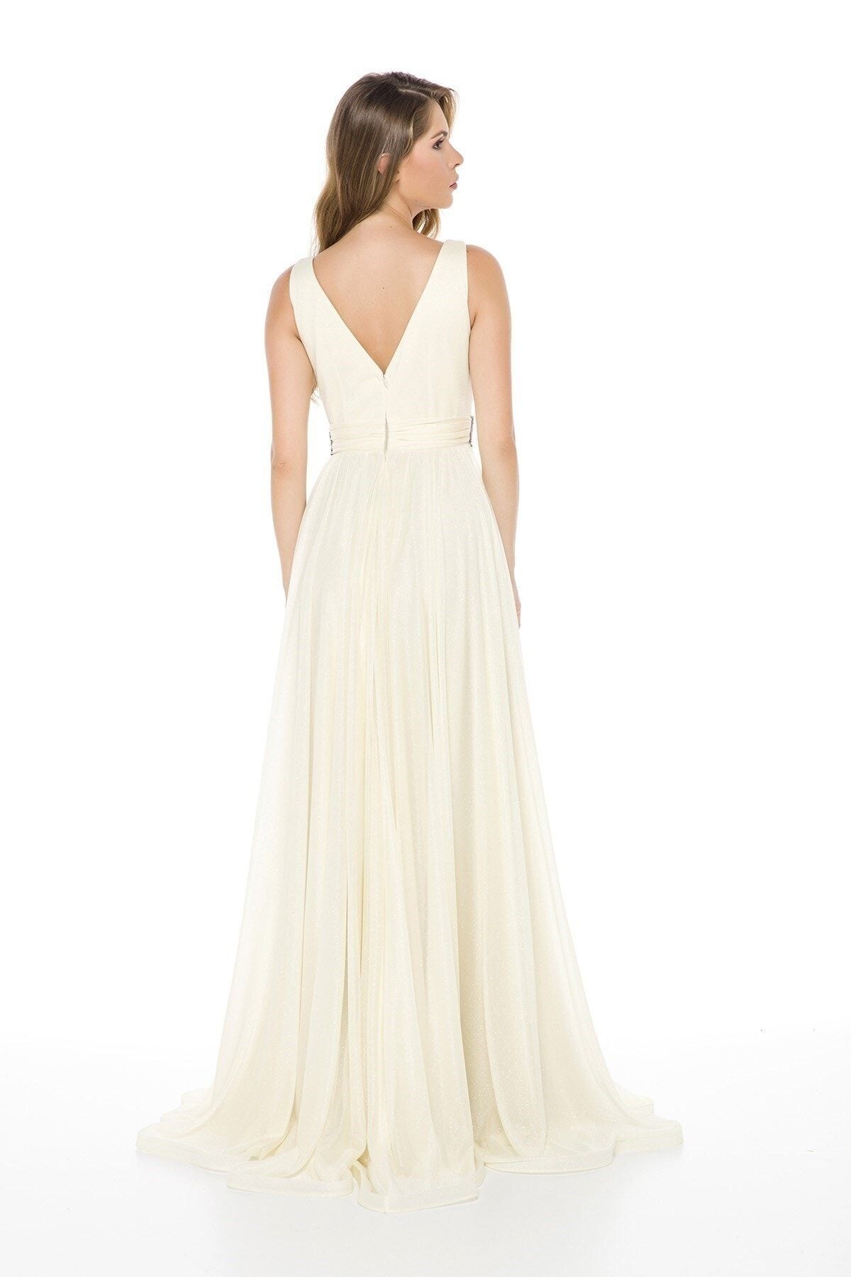 Abiye Sarayı-Ecru Stone Detailed Chest-Cut Long Evening Dress 6