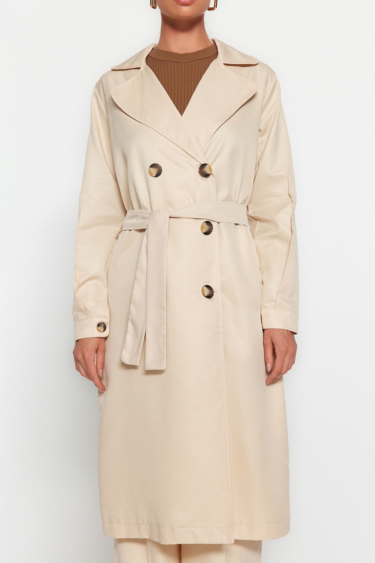 Trendyol Collection-Dlouhý trenčkot s béžovým páskem TWOAW24TR00003 9