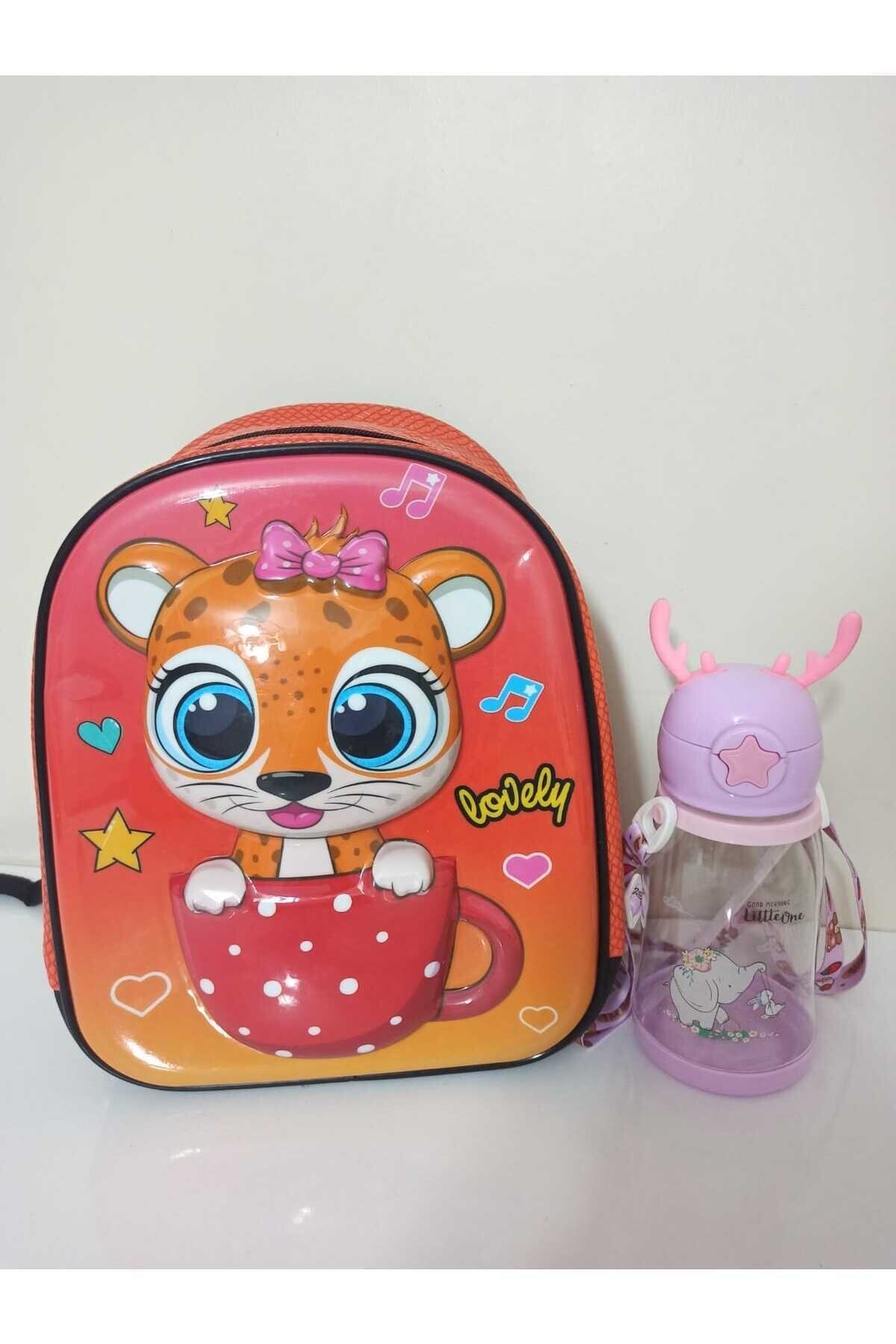 Lovely Cup Cat Embossed Nursery, Kindergarten Bag And 500ml Deer Kids Water Flask Gift Set