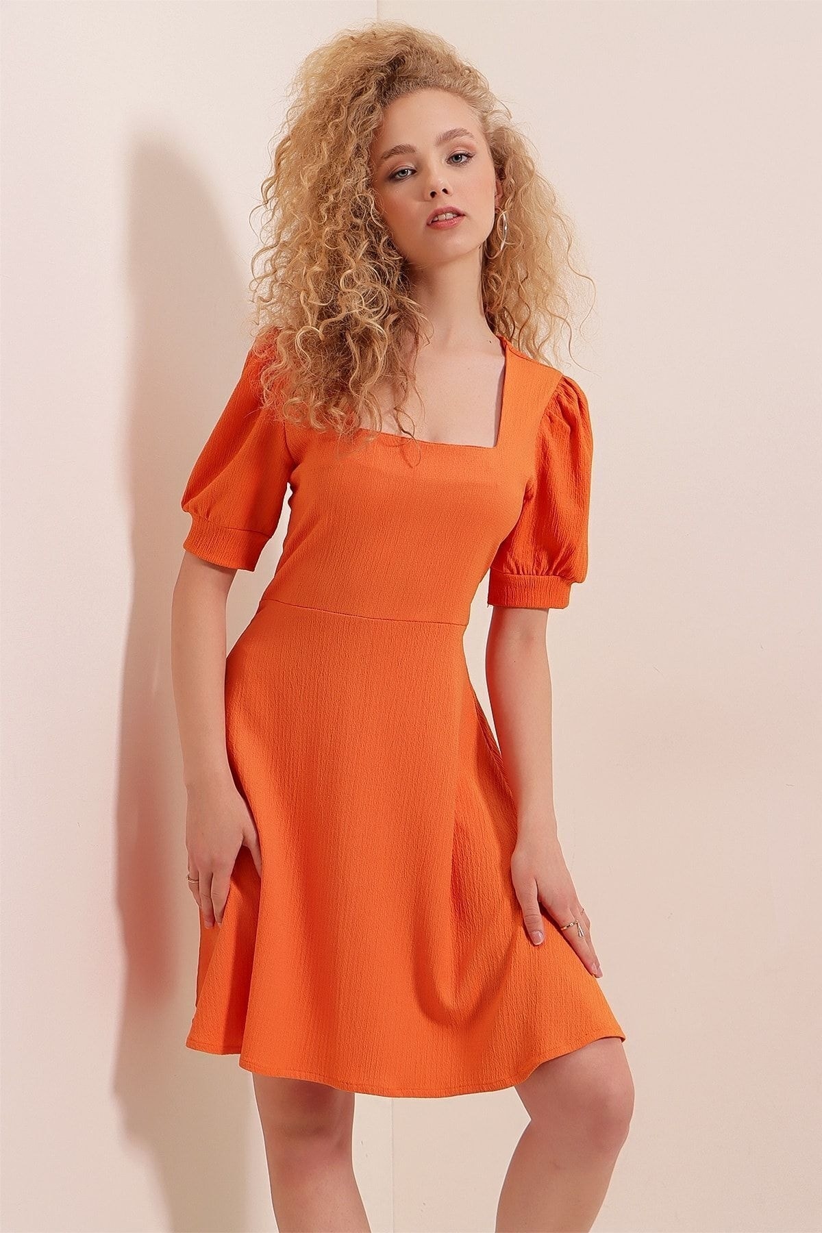 Square Neck Knitted Dress - Orange