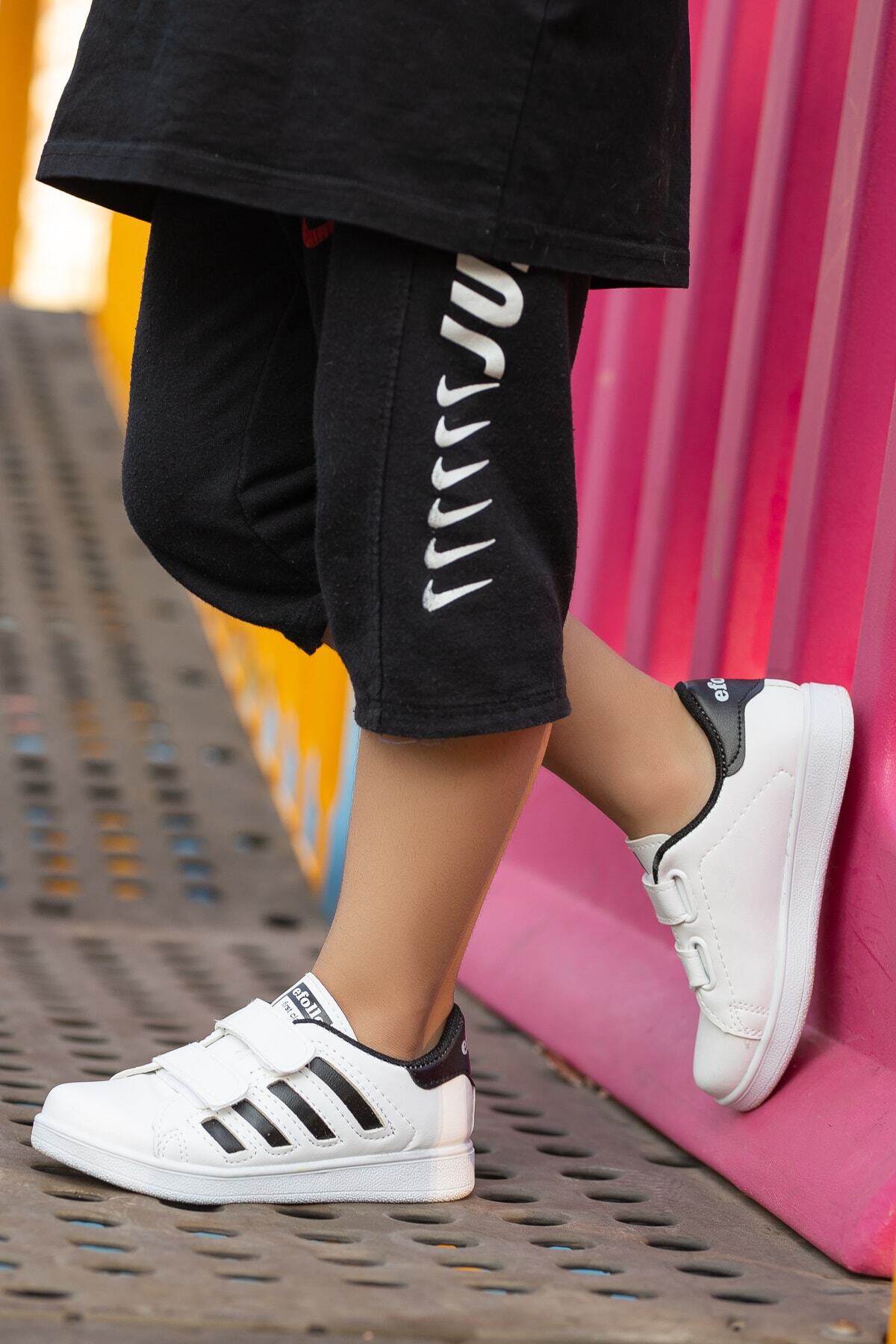 BOUIS Çocuk Unisex Beyaz Siyah 4 Band Cırtlı Rahat Nefes Alır Günlük Şık Spor Ayakkabı Sneaker fotoğrafı 3 (önizleme)