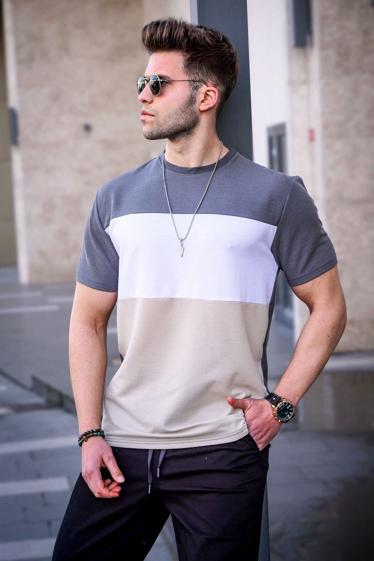 تی شرت یقه خدمه طرح 3 رنگ آستین کوتاه مردانه مدمکست Madmext (برند ترکیه)