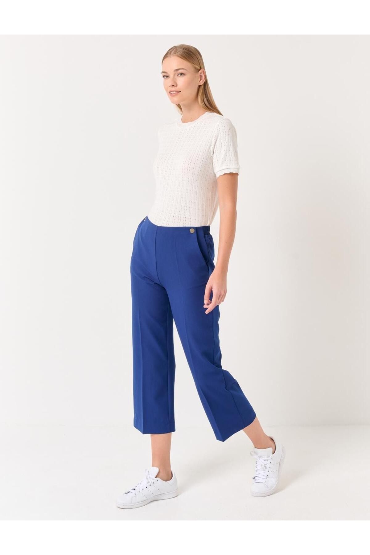 Jimmy Key Navy Blue High Waist Pocket Plain Woven Trousers Trendyol
