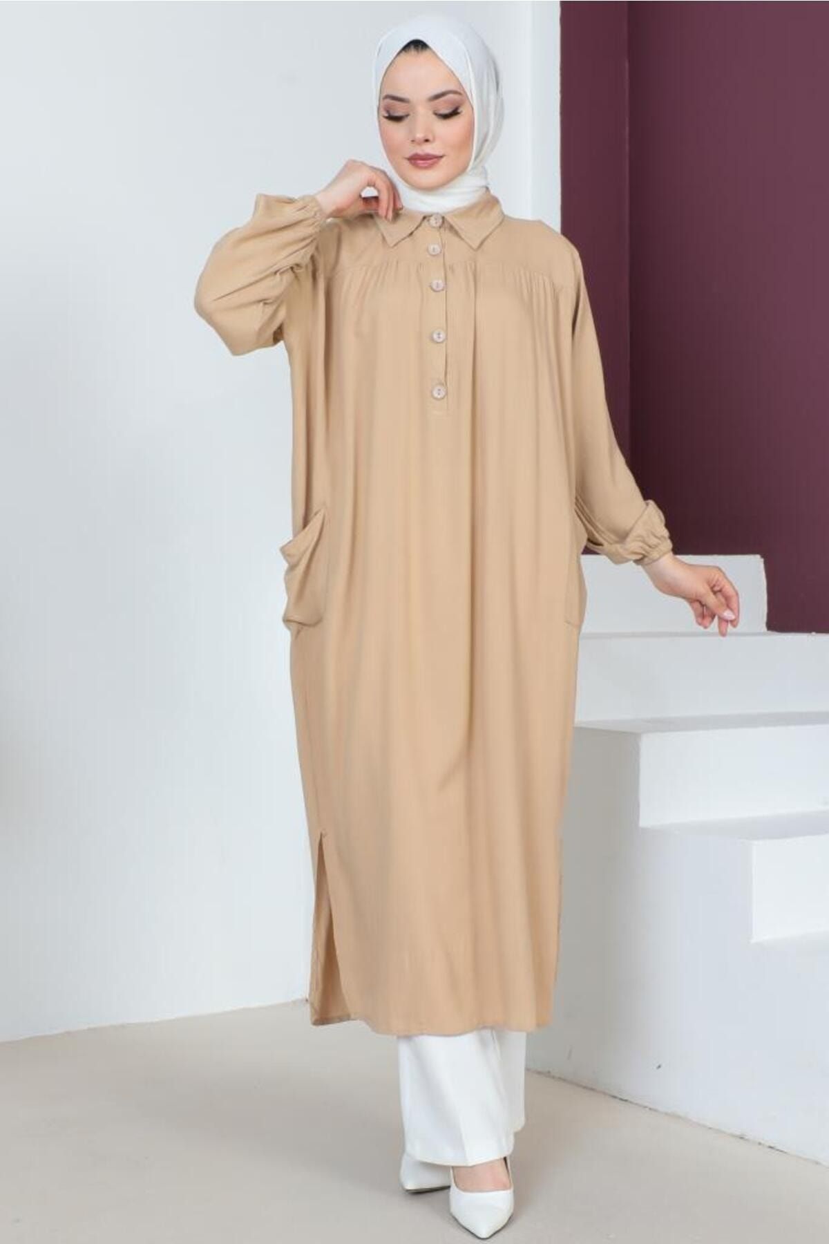 benguen-8222 Lange Tunika mit Seitenschlitz Robe Beige 3