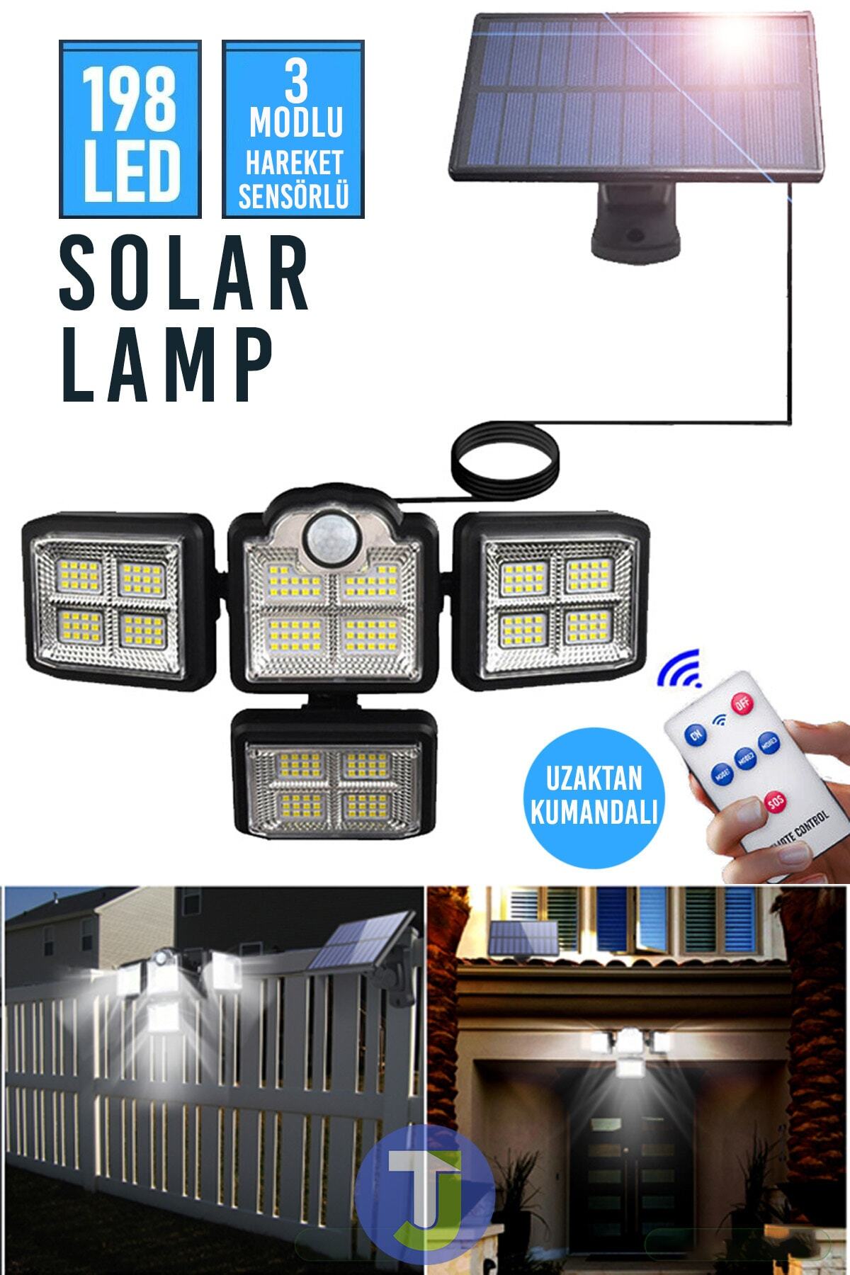 Güneş Enerjili Kumandalı Hareket Sensörlü Solar Bahçe Aydınlatma ve Sokak Lambası 198 Led