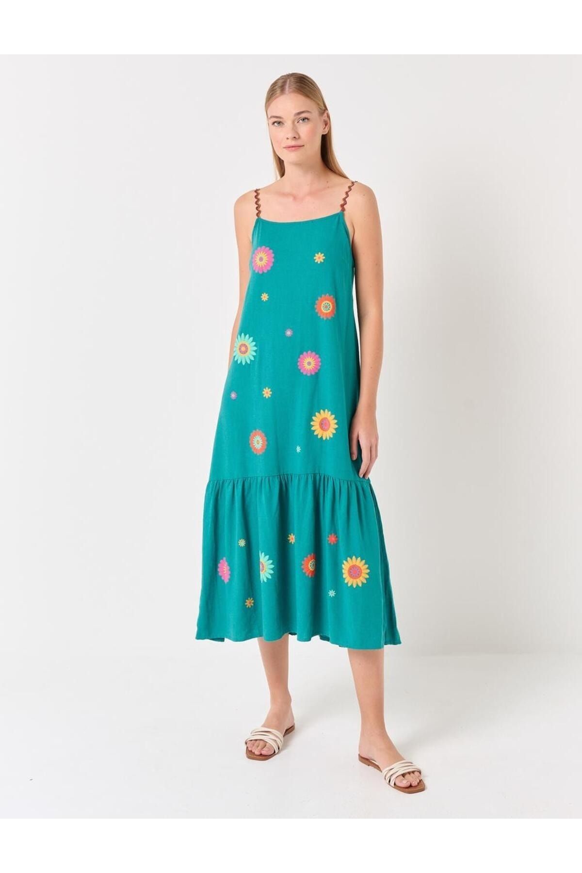 Jimmy Key Dark Green Strappy Floral Patterned Linen Midi Dress